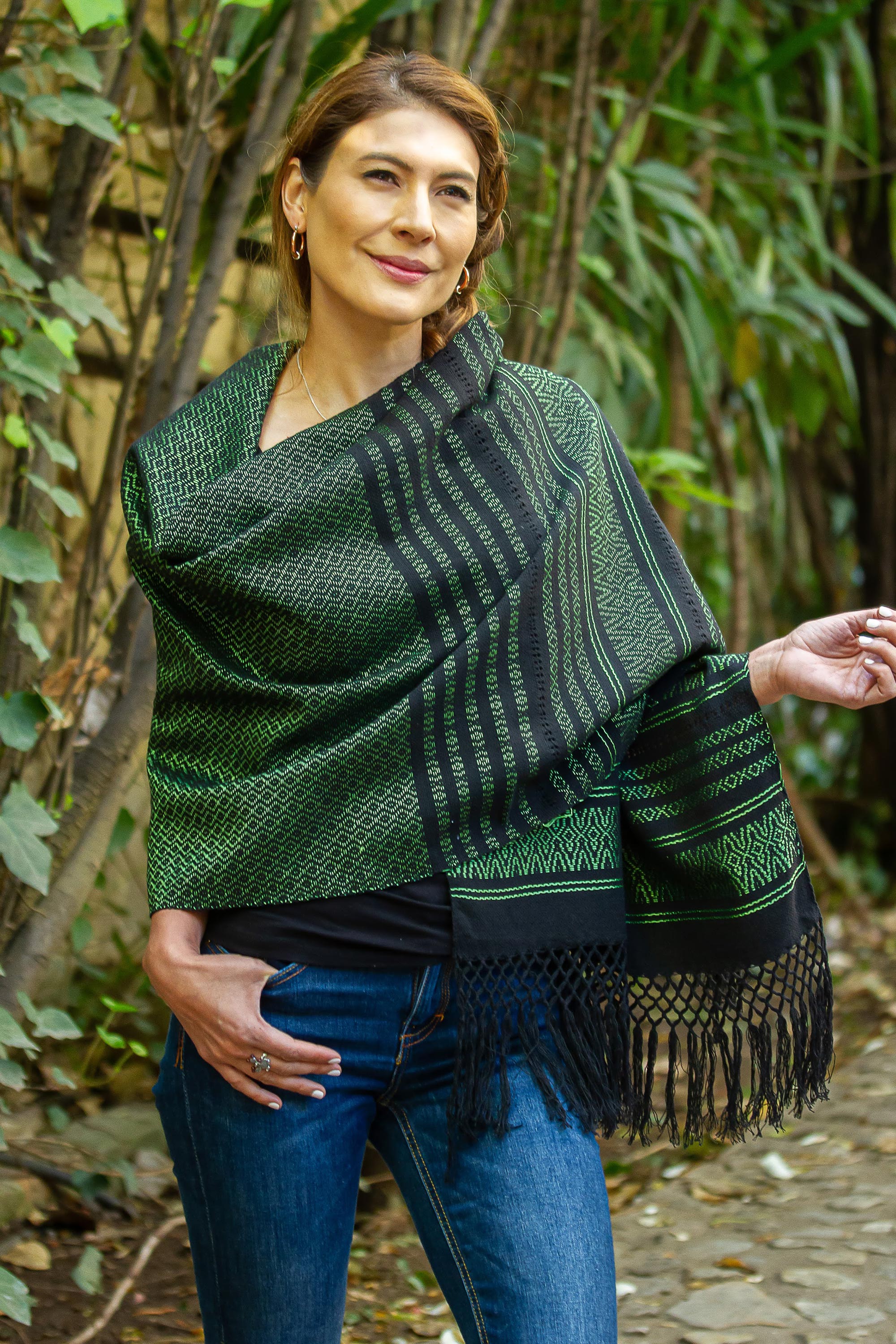 Premium Handwoven Mexican Rebozo Shawl - Evening Drama Green on Black