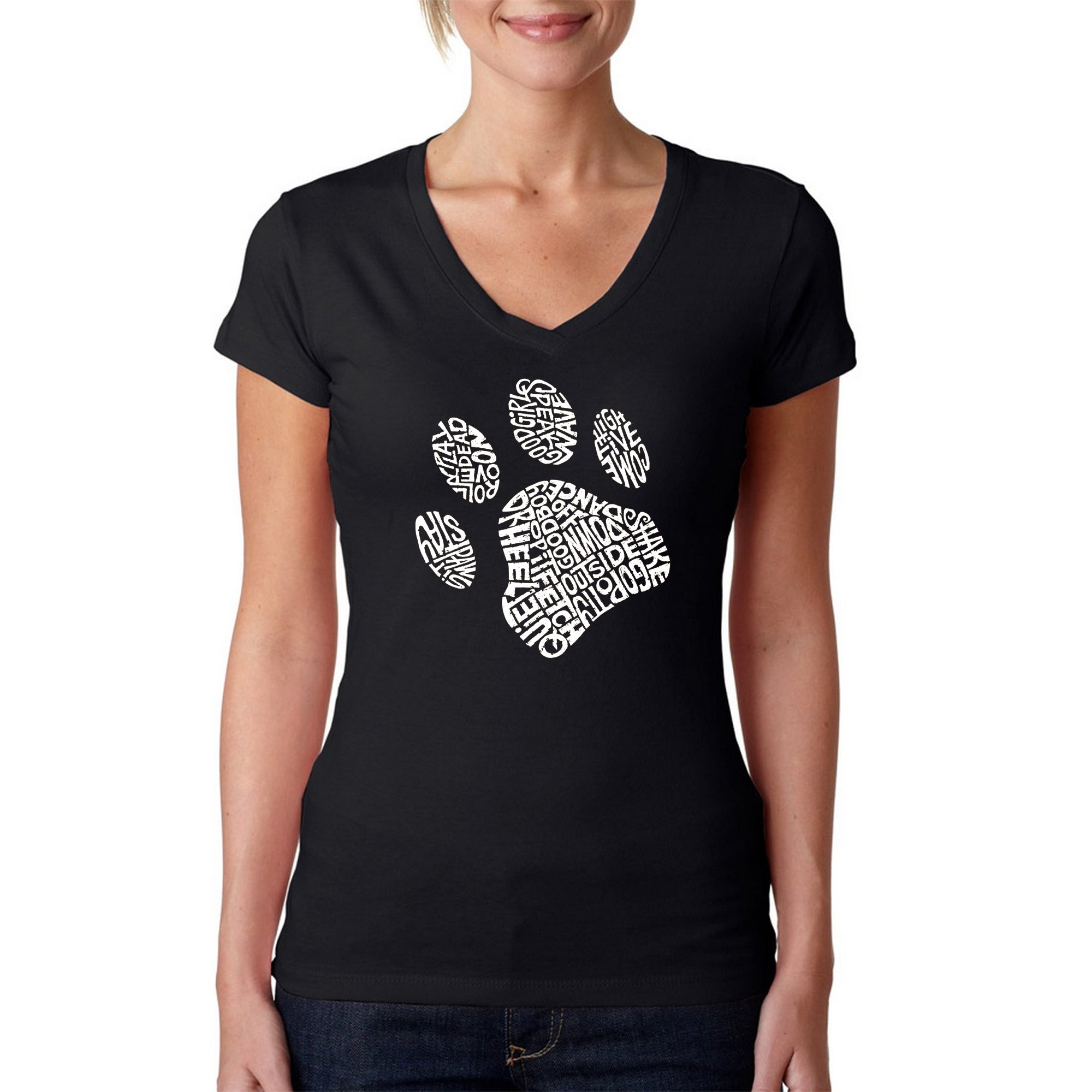 Premium Dog Paw Word Art V-Neck T-Shirt for Women - Celebrate Your Canine Love