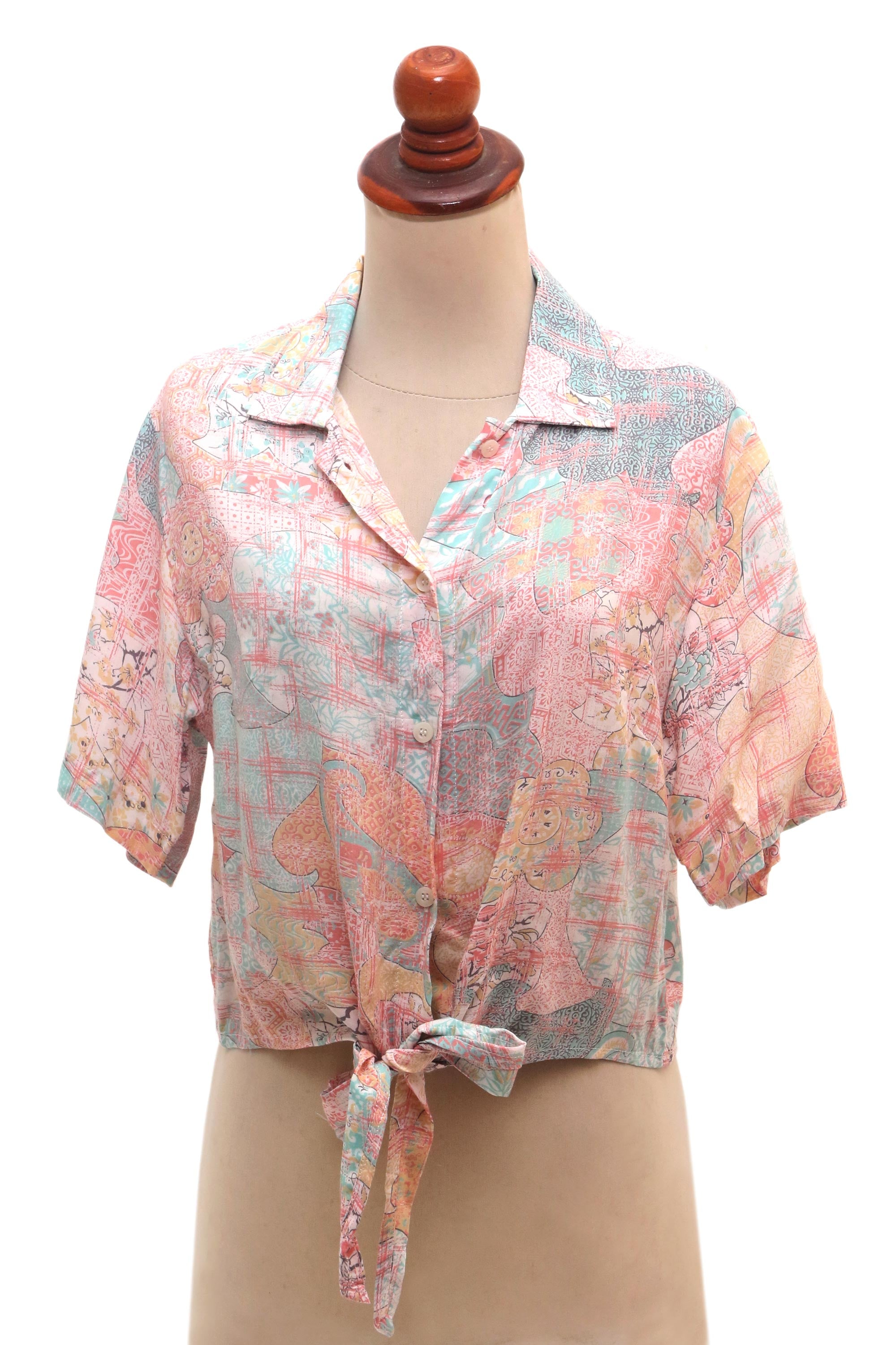 Premium Sekar Jagad Tie-Front Blouse - Pastel Pink & Aqua Rayon Print