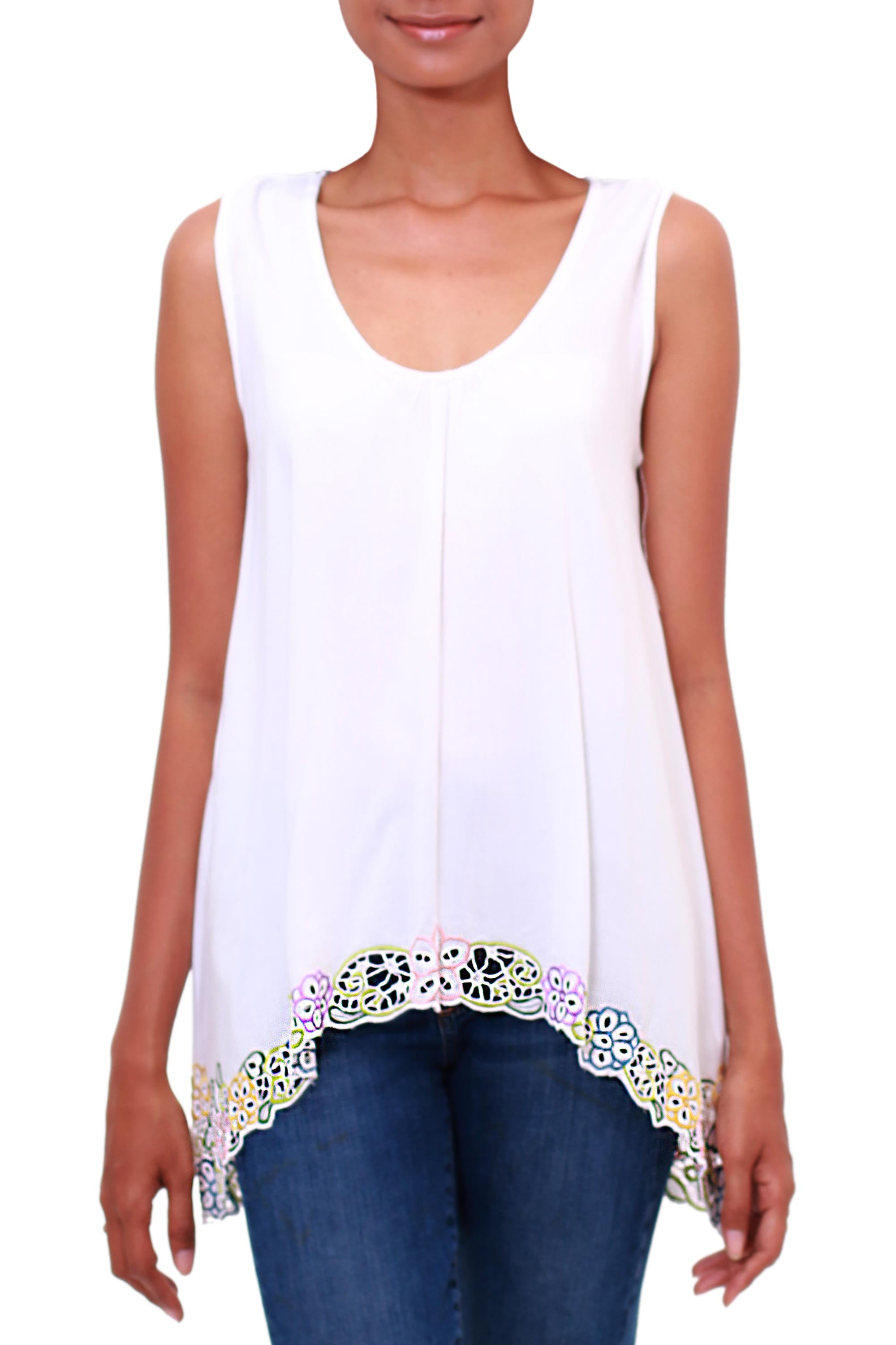 Premium White Floral Embroidered Rayon Blouse - Handcrafted in Bali