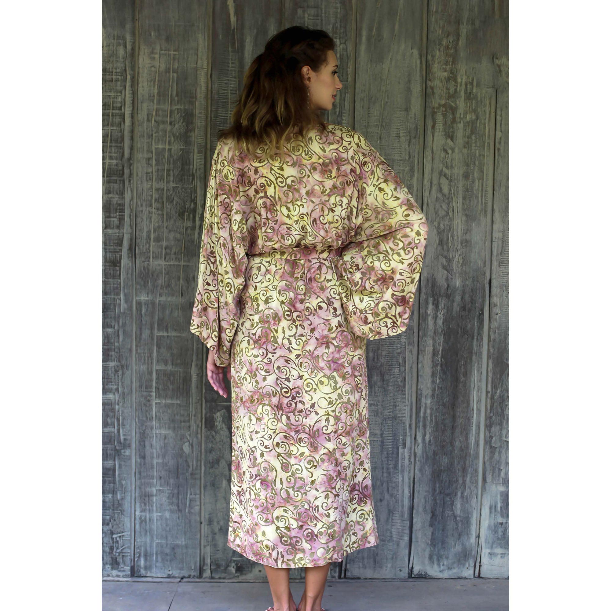 Premium Floral Rayon Batik Robe - Beige & Magenta