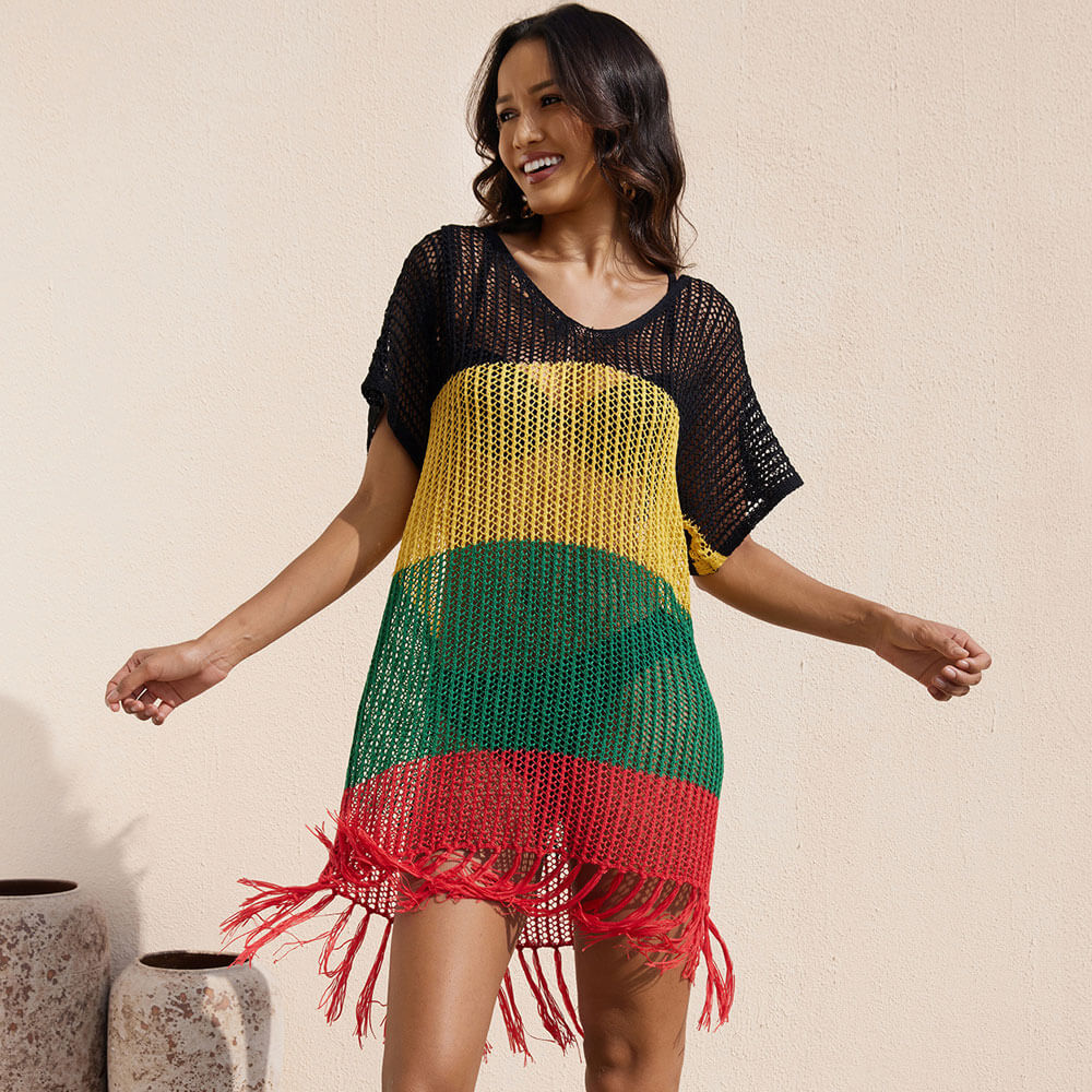 Ultimate Brazilian Beach Cover-Up: Color Block Crochet Mini Dress