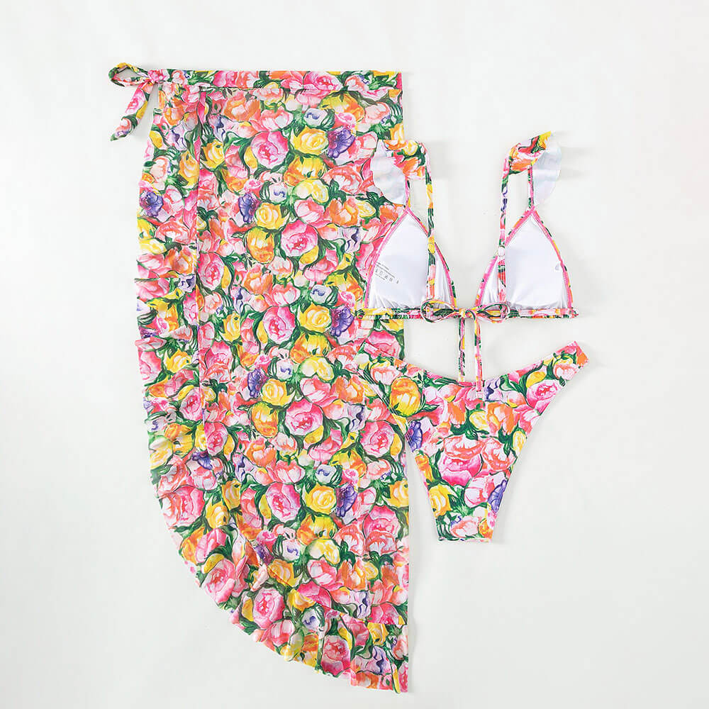 Premium Floral Print Ruffle Bikini Set with Sarong - Ultimate Summer Elegance