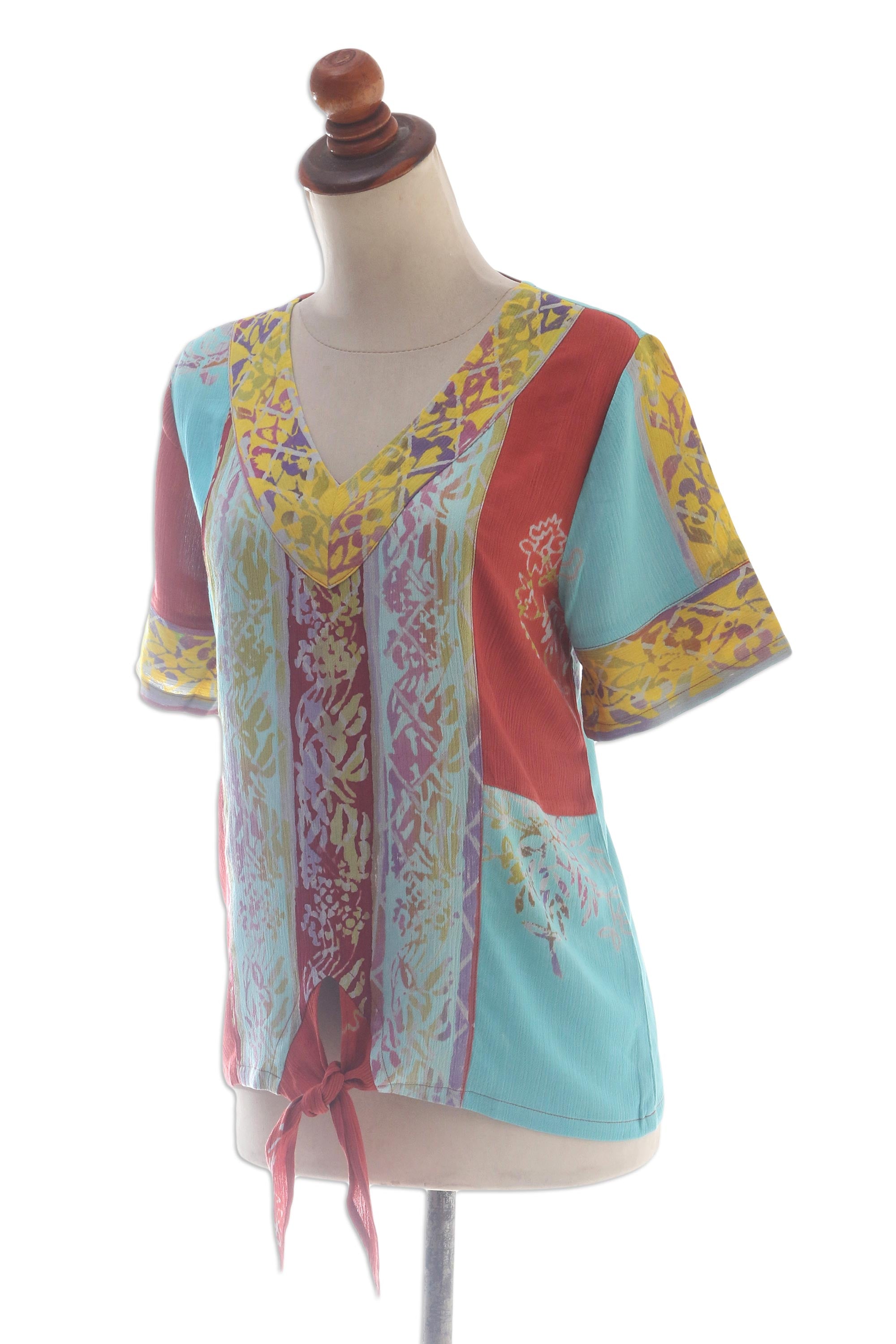 Premium Bali Rainbow Tie-Front Rayon Blouse - Handcrafted Batik Art