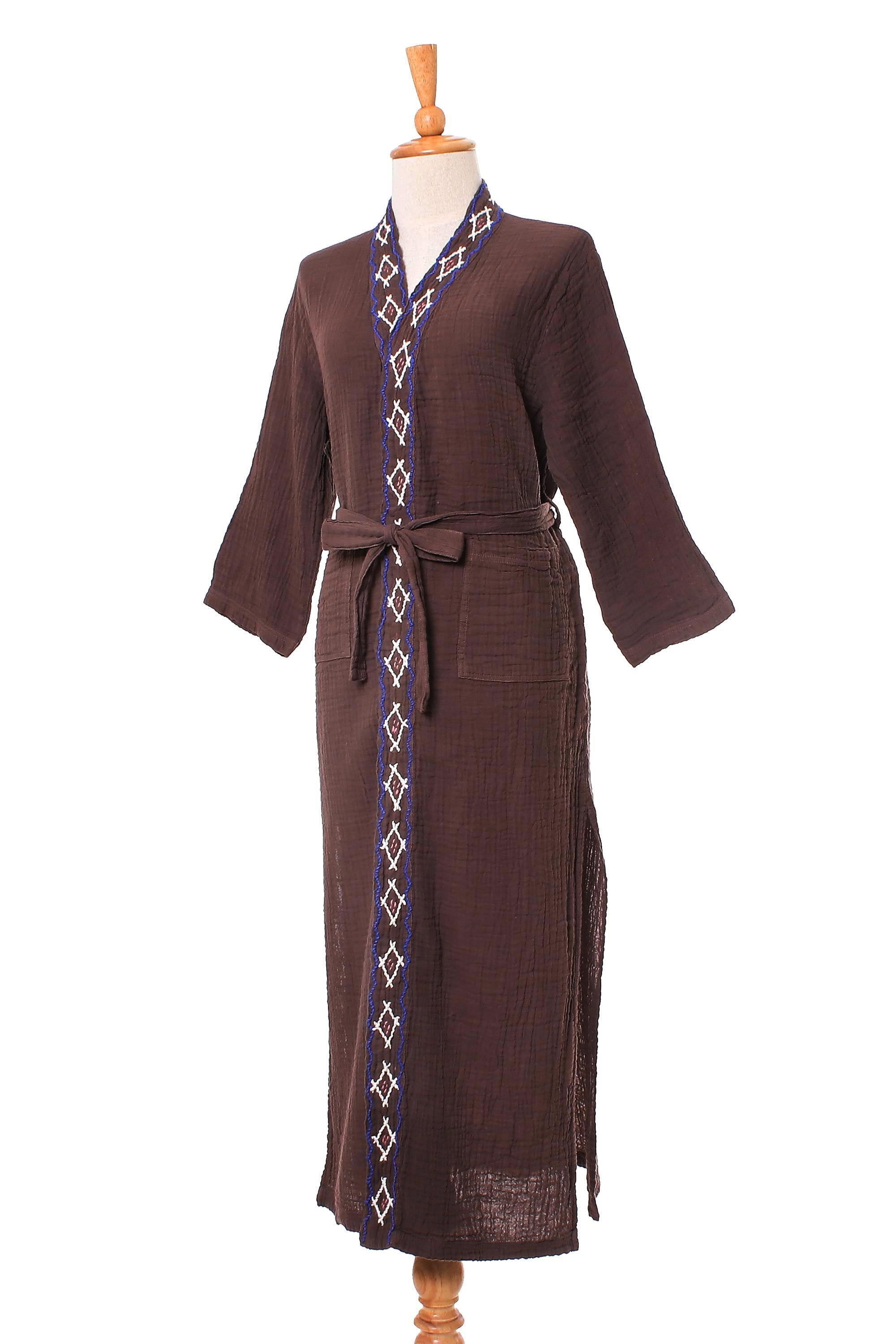 Premium Nature Relaxation Diamond Embroidered Cotton Robe - Chestnut Brown