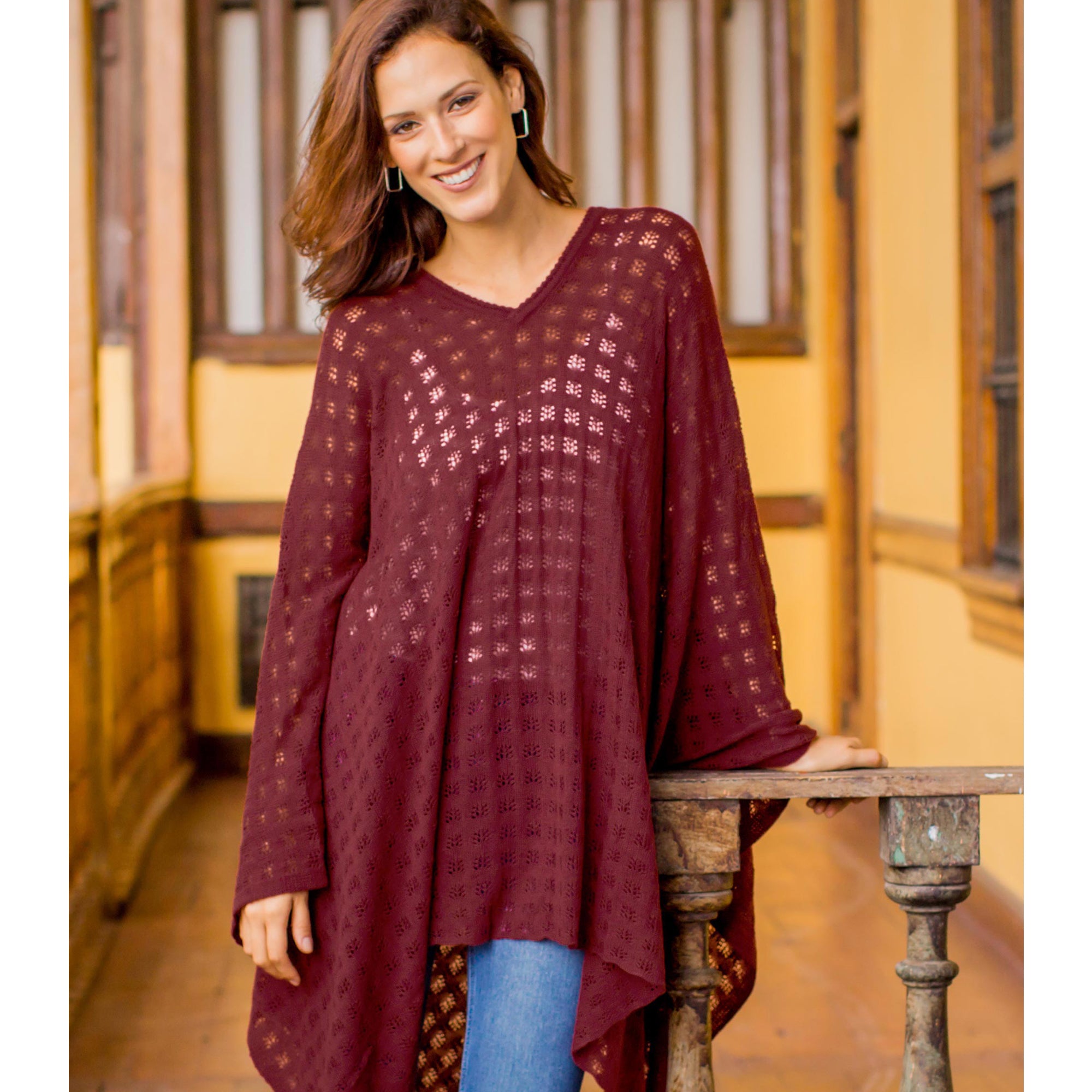 Premium Burgundy Alpaca Bohemian Poncho - Handmade by Peruvian Artisans