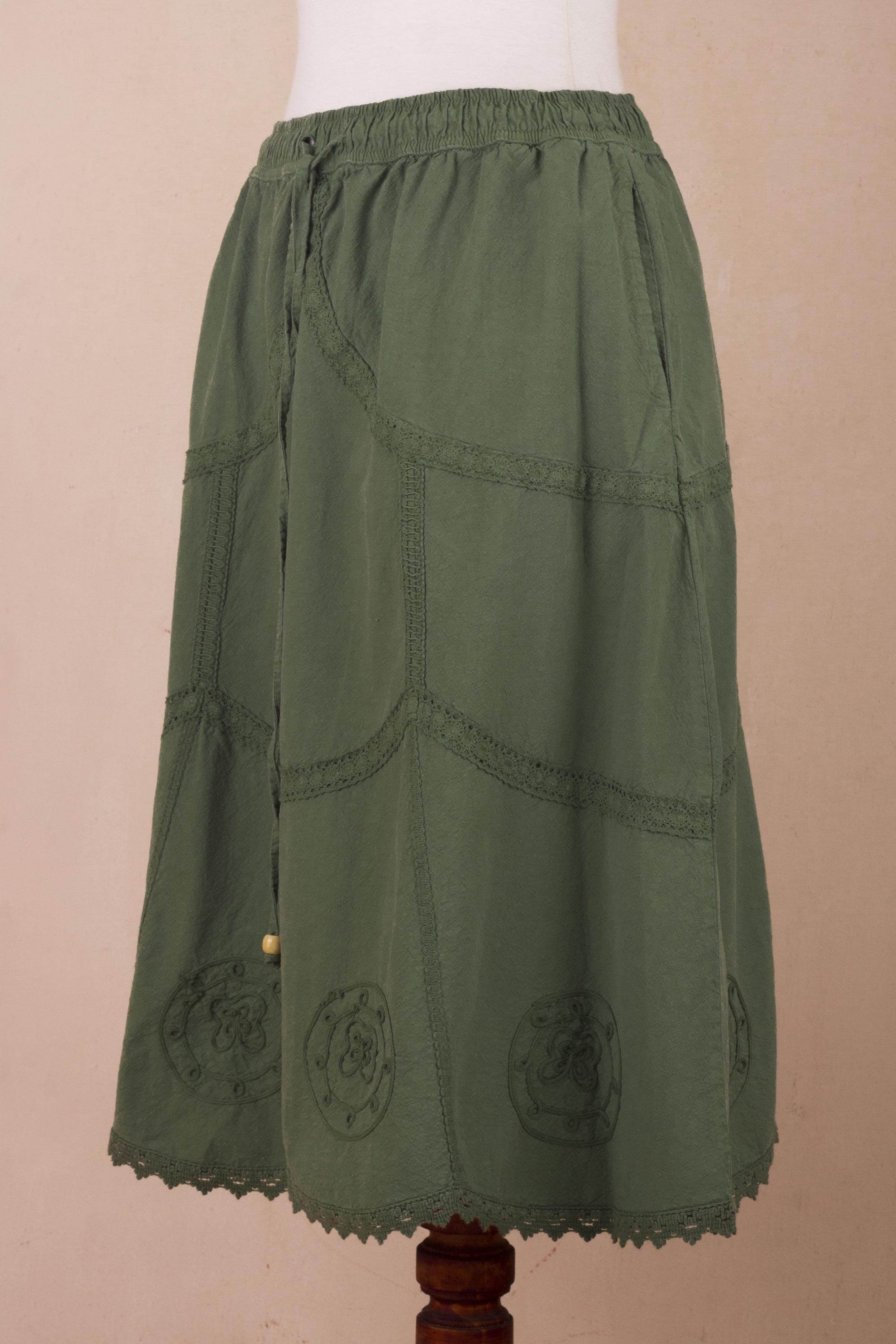 Premium Andean Fields Laurel Green Embroidered Cotton Skirt - Handcrafted in Peru