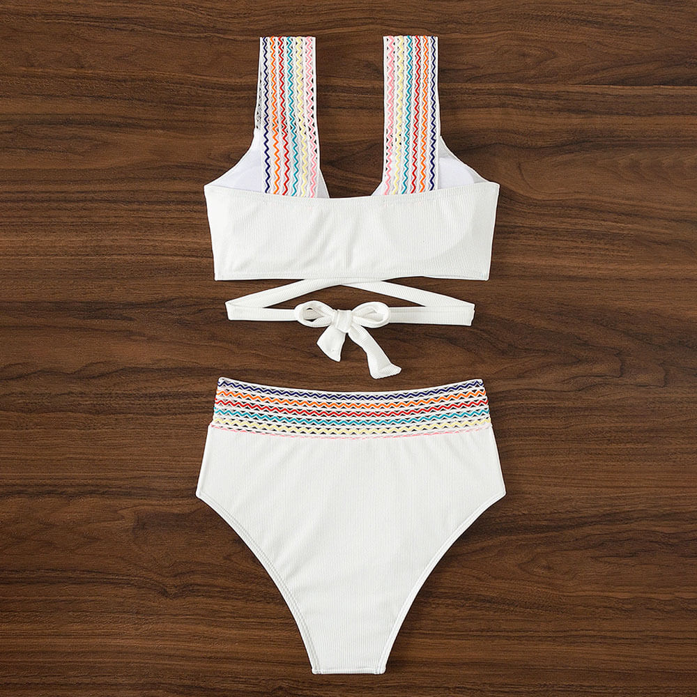 Premium Sporty Rainbow High-Waist Rib Knit Bikini Set