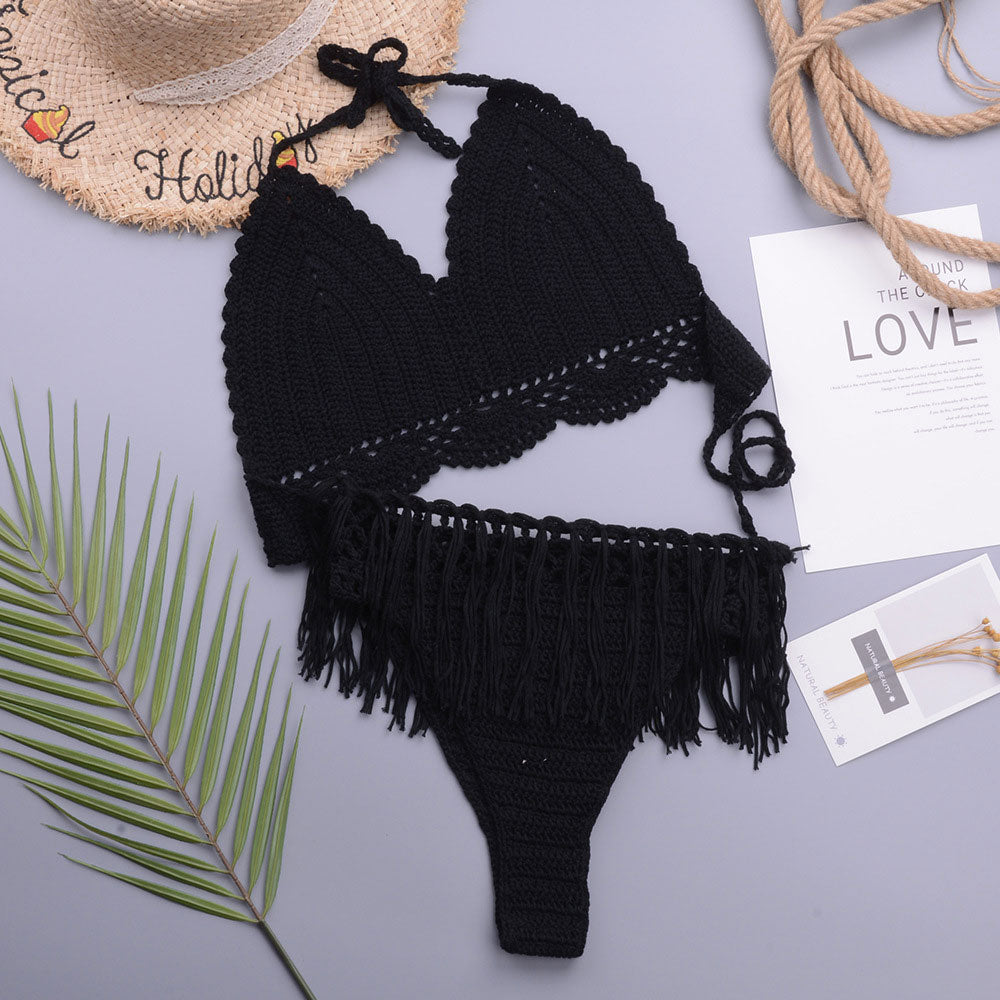 Premium Crochet Knit Bikini Set with Tassel Trim - Chic Halter Triangle Design