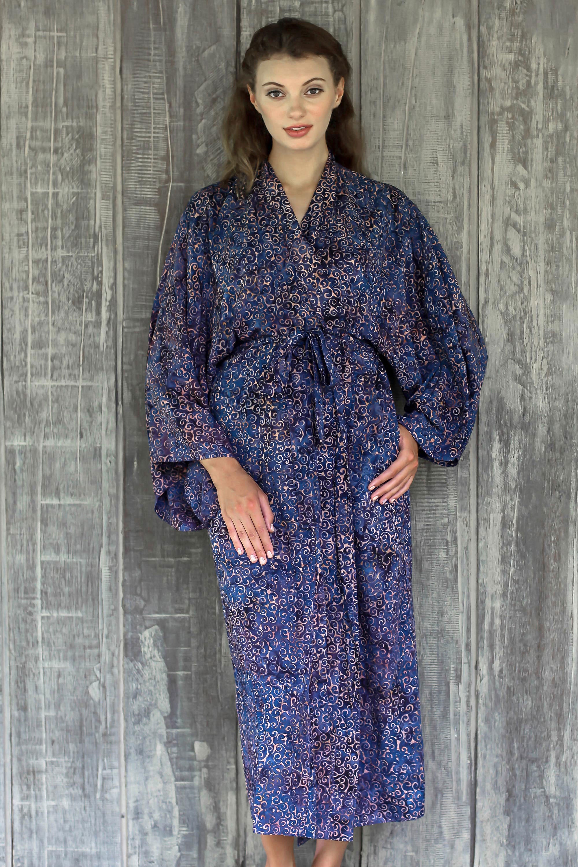 Premium Handcrafted Blue & Peach Batik Rayon Robe - Balinese Artisan Design