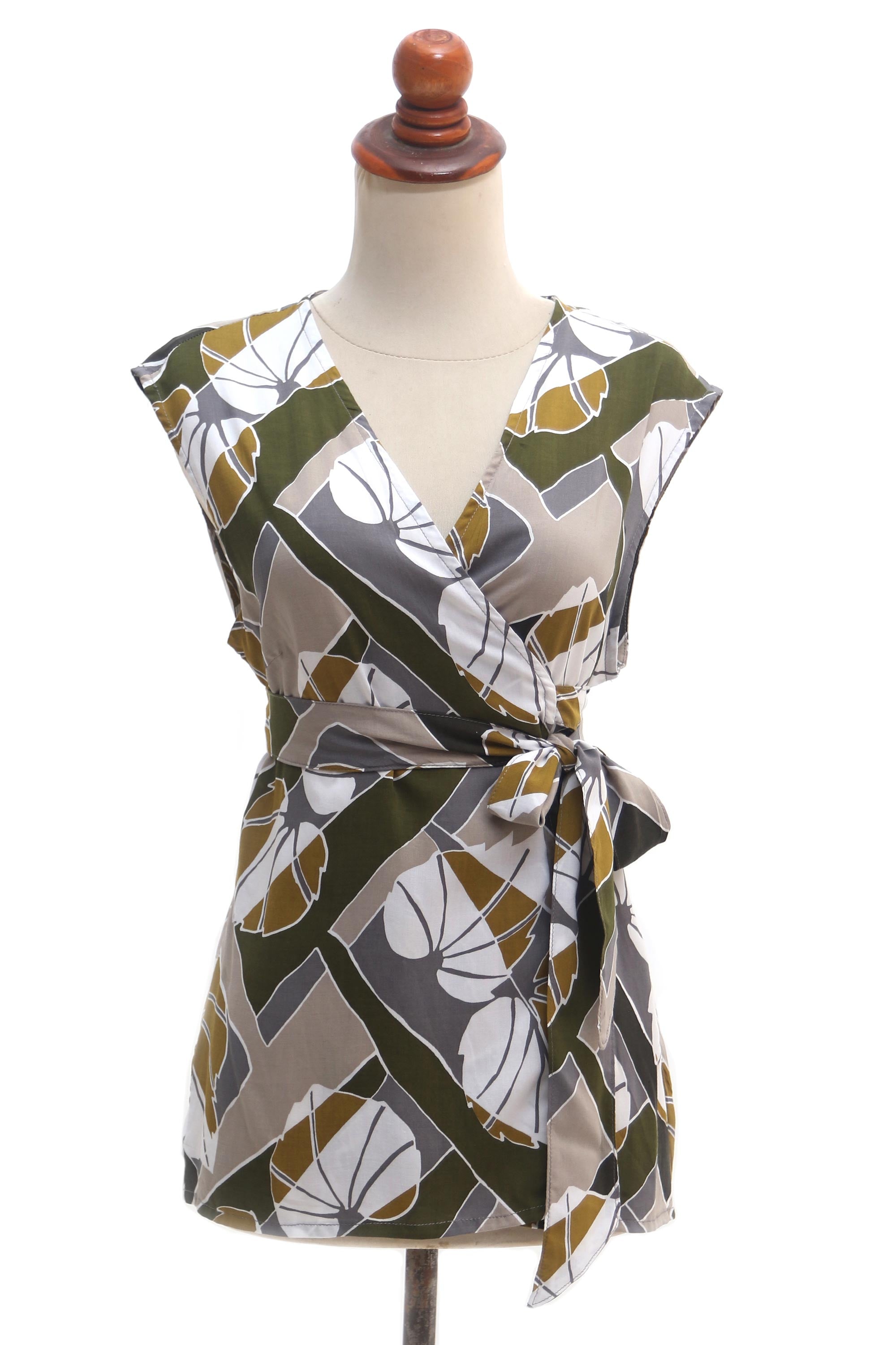 Premium Handmade Rayon Wrap Blouse - Leaf-Themed Garden Party Essential