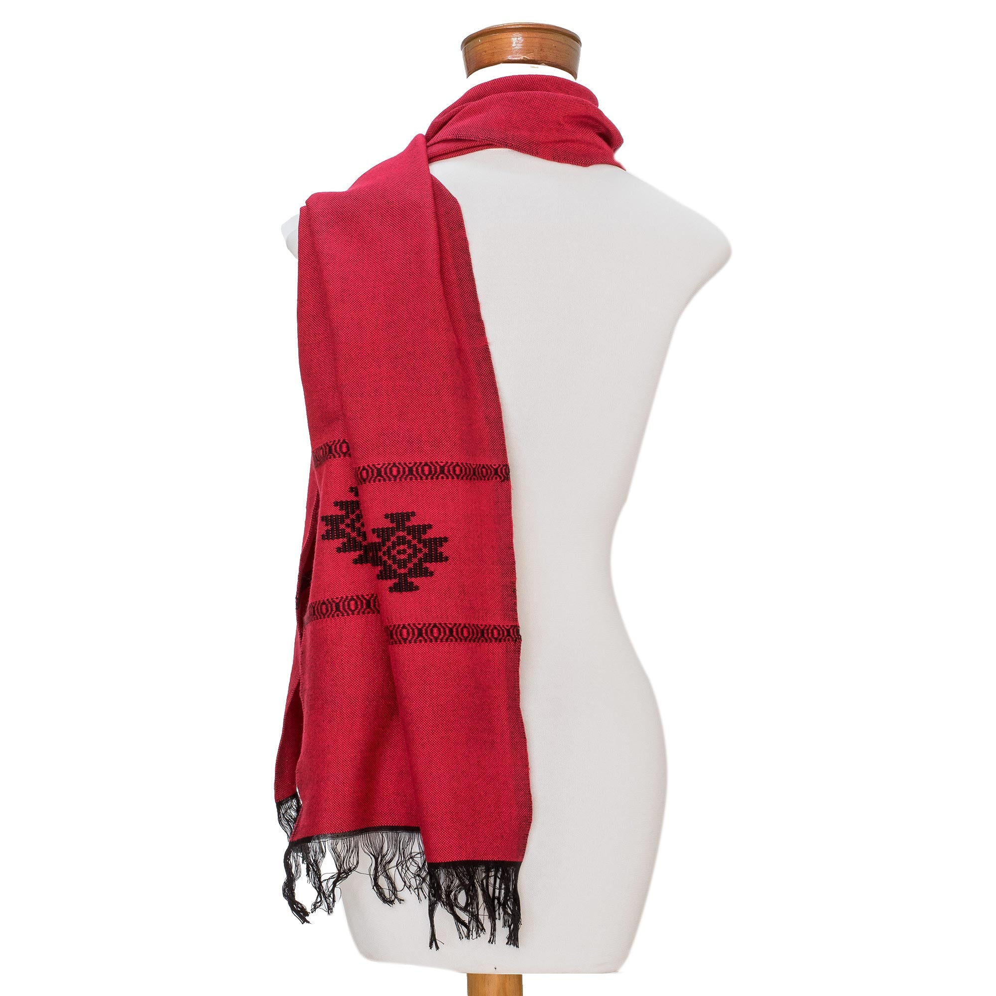 Premium Red Cotton Blend Scarf with Stepped-Fret Rhombus Design