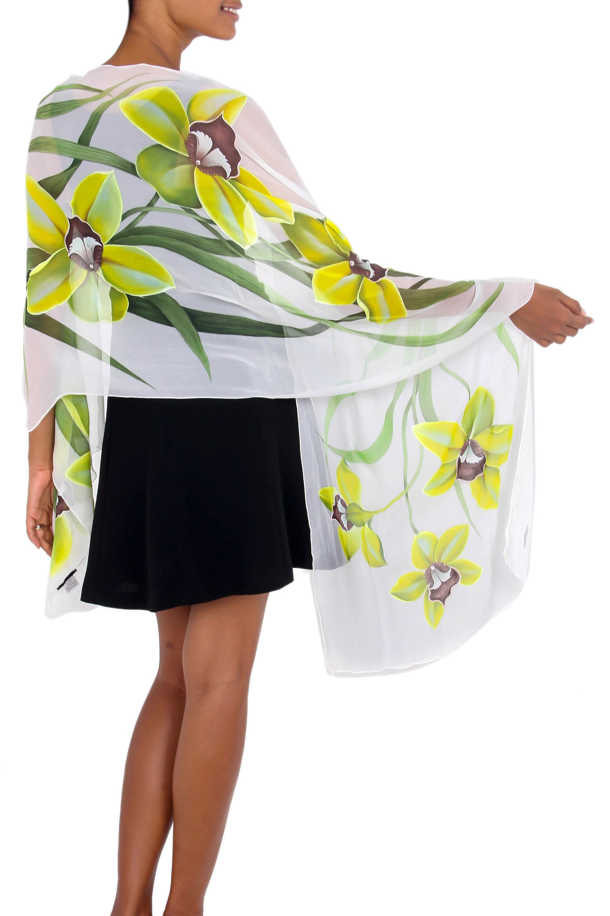 Premium Handpainted Silk Shawl - Green Orchid Collection