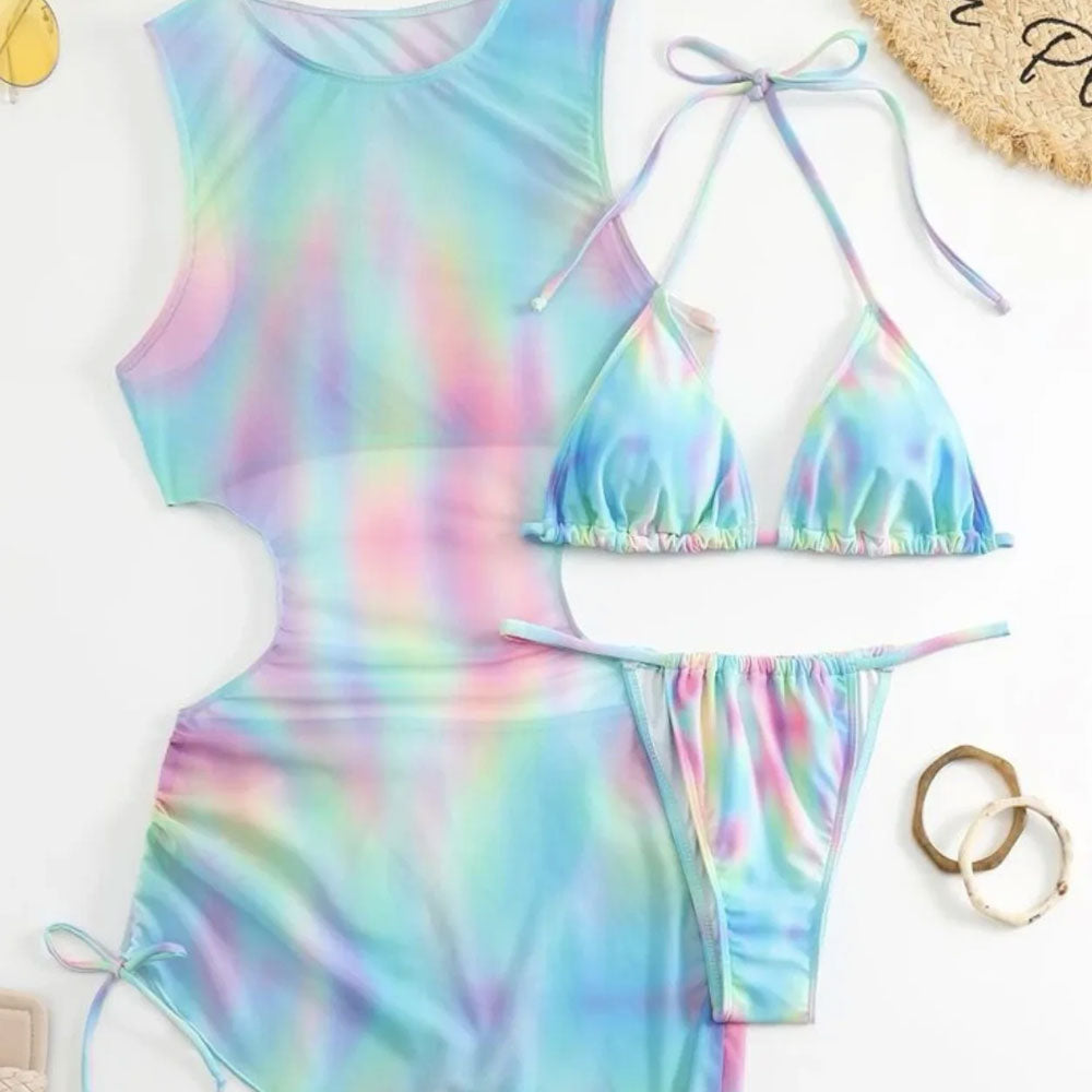 Premium Ombre Tie-Dye Cutout Triangle Bikini Set with Cover-Up