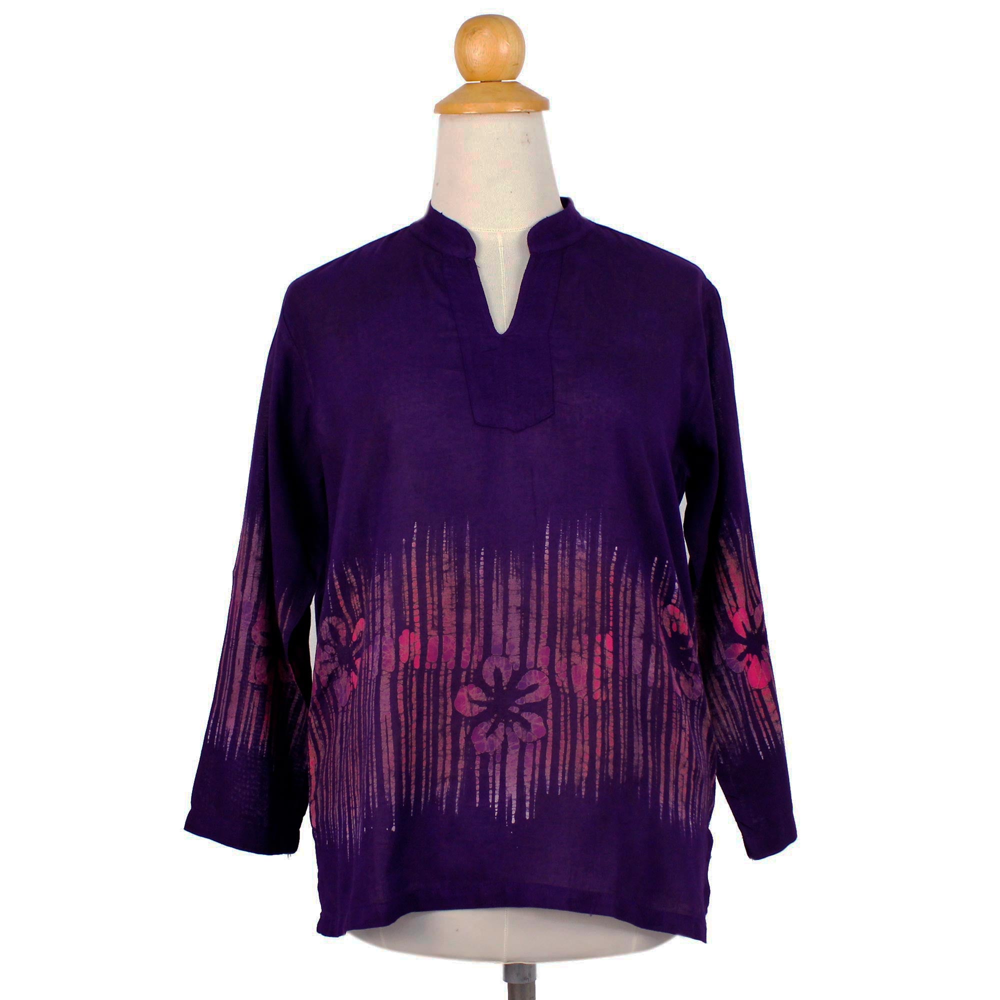 Premium Hand-Painted Violet Frangipani Batik Blouse