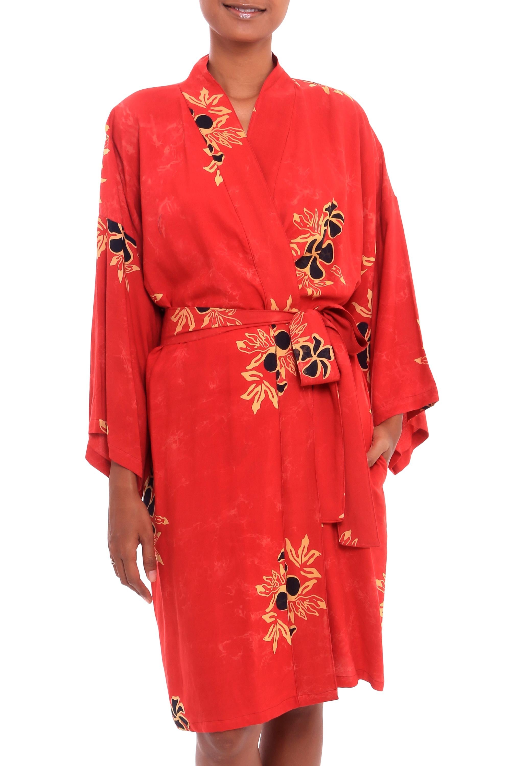 Premium Crimson Rayon Robe - Black Floral Motif | Handcrafted in Bali