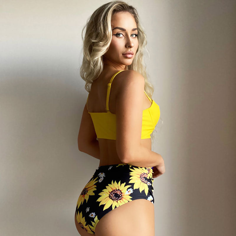 Premium Boho Sunflower Print High Waist Bikini Set - Ultimate Summer Style