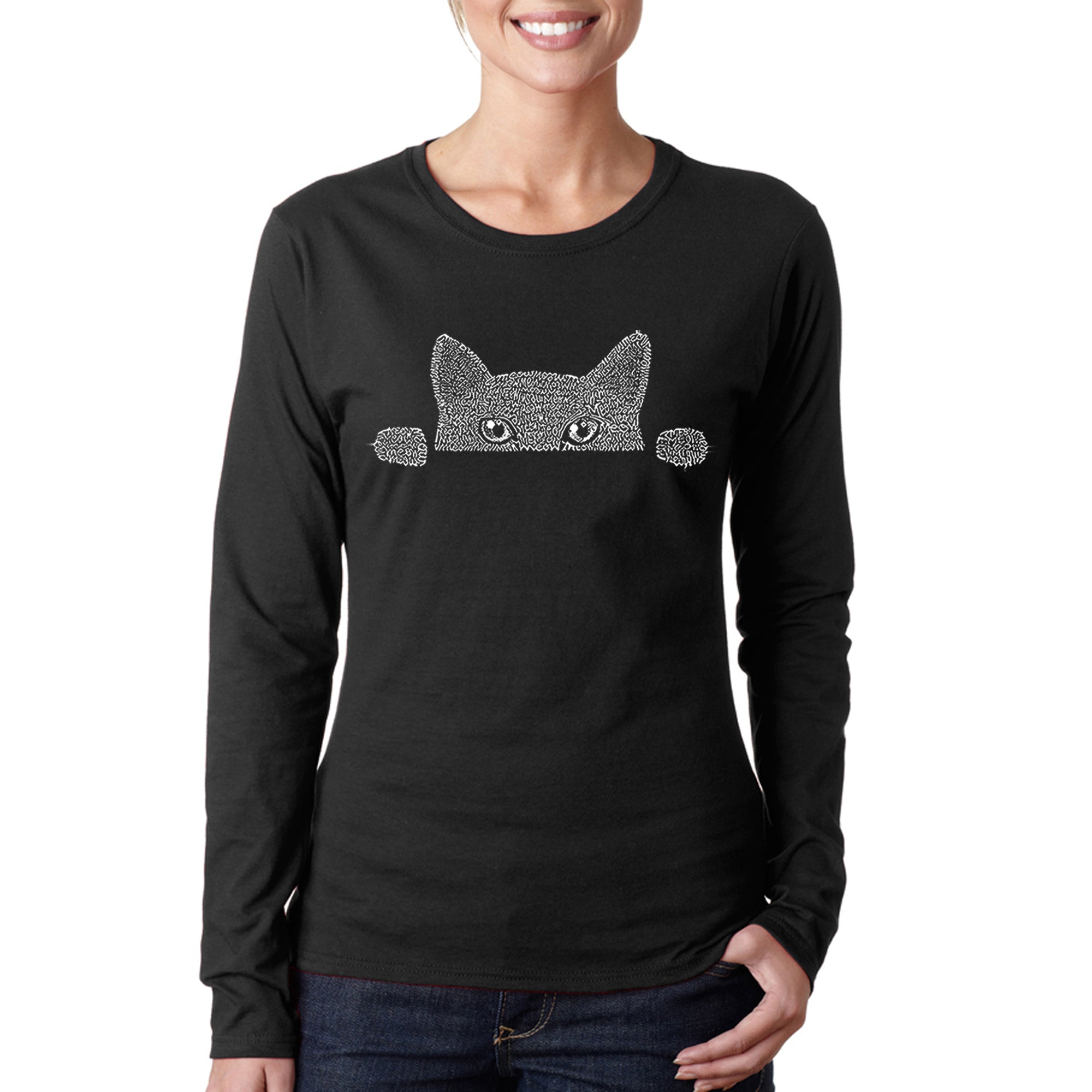 Premium Peeking Cat Word Art Long Sleeve T-Shirt for Women