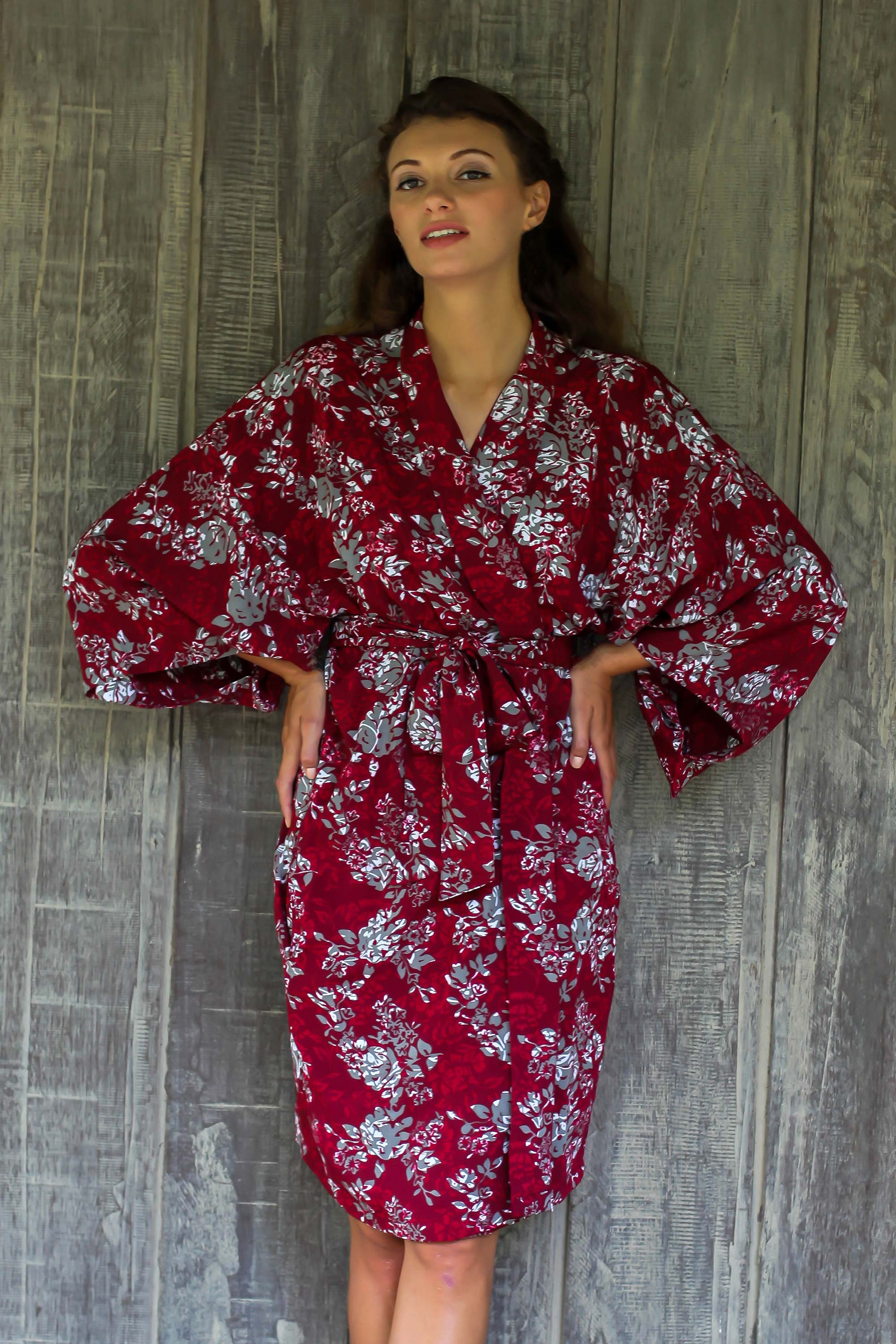 Premium Claret Grey Batik Kimono Robe with Tropical Floral Design