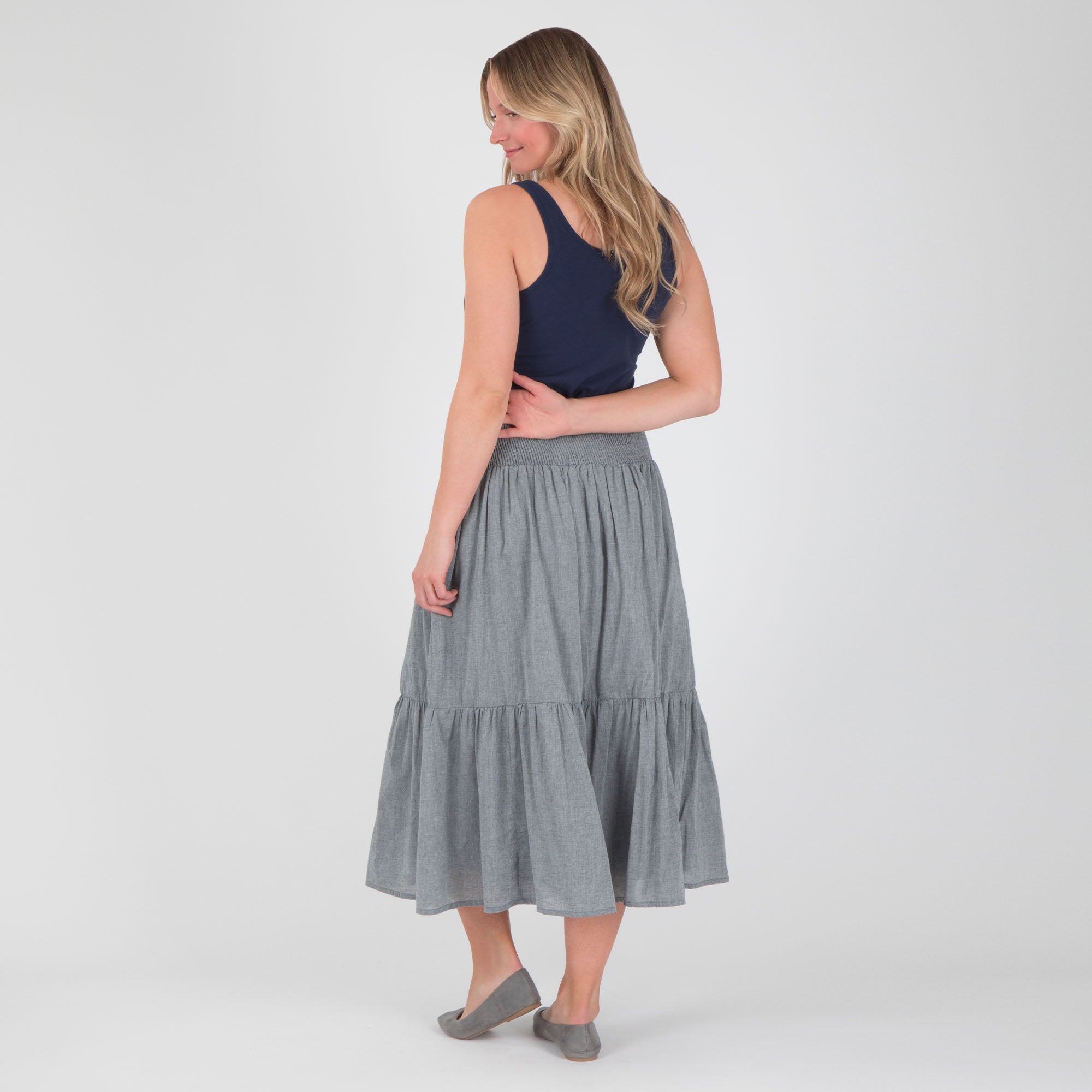 Premium Chambray Button-Down Tiered Skirt