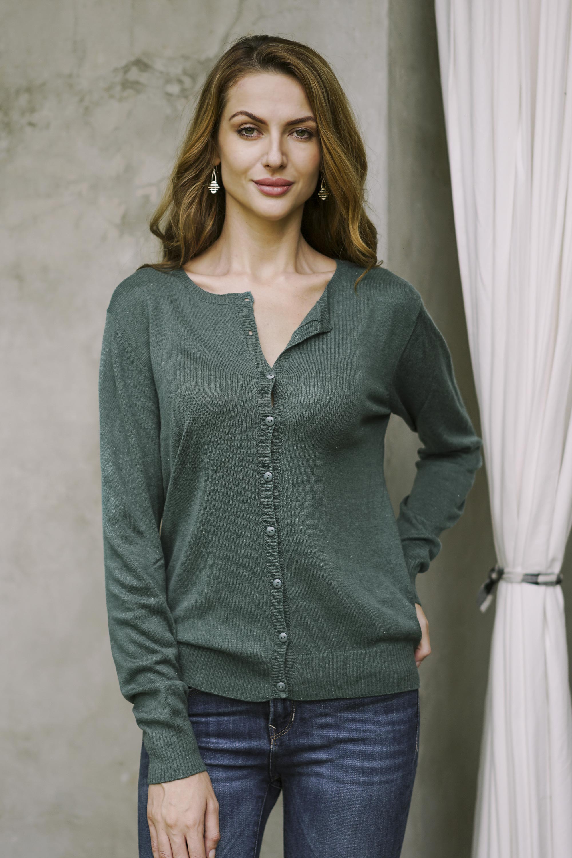 Premium Viridian Green Cotton Blend Cardigan - Handcrafted in Peru