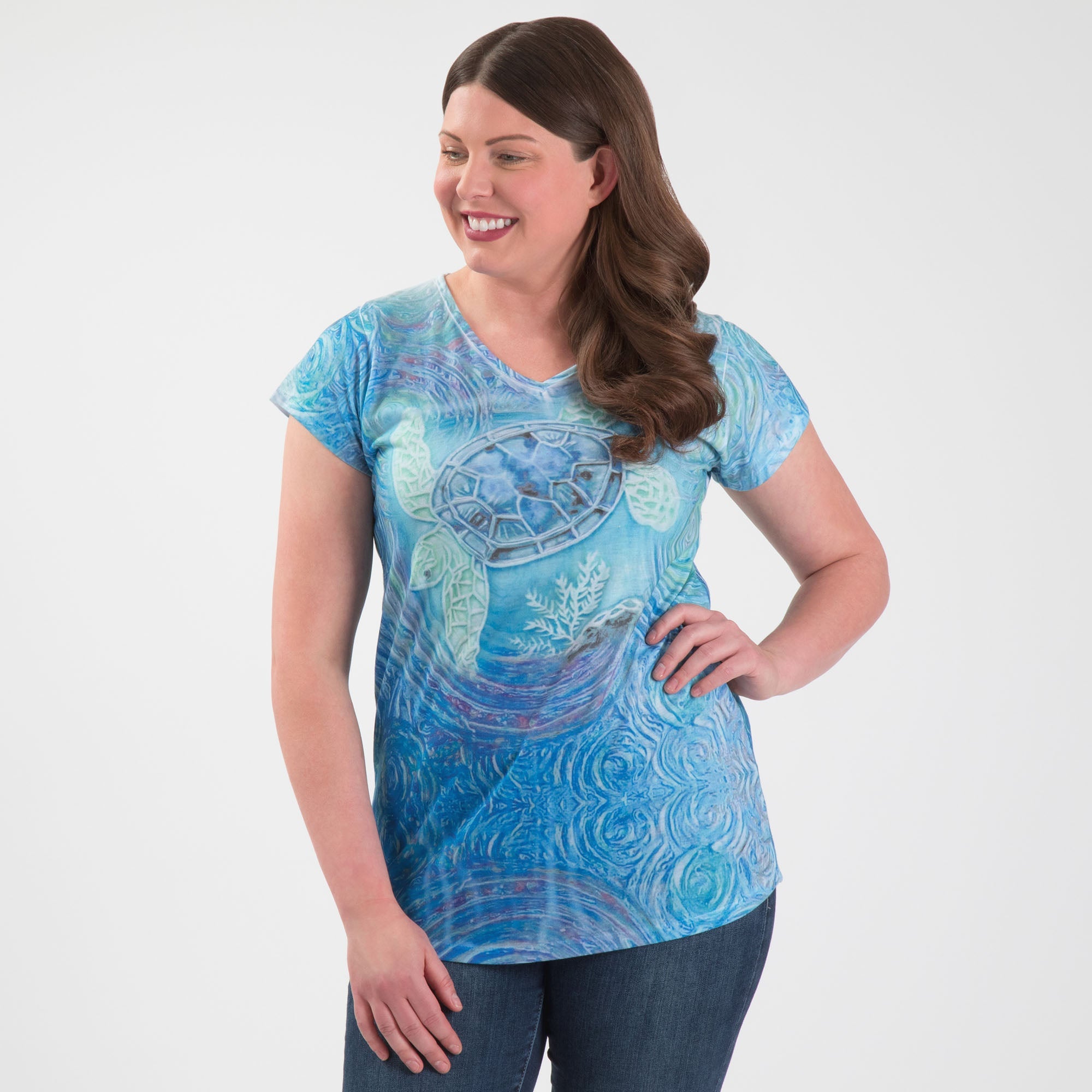 Premium Swirly Turtle Sublimation V-Neck Tee - Ultimate Comfort & Style