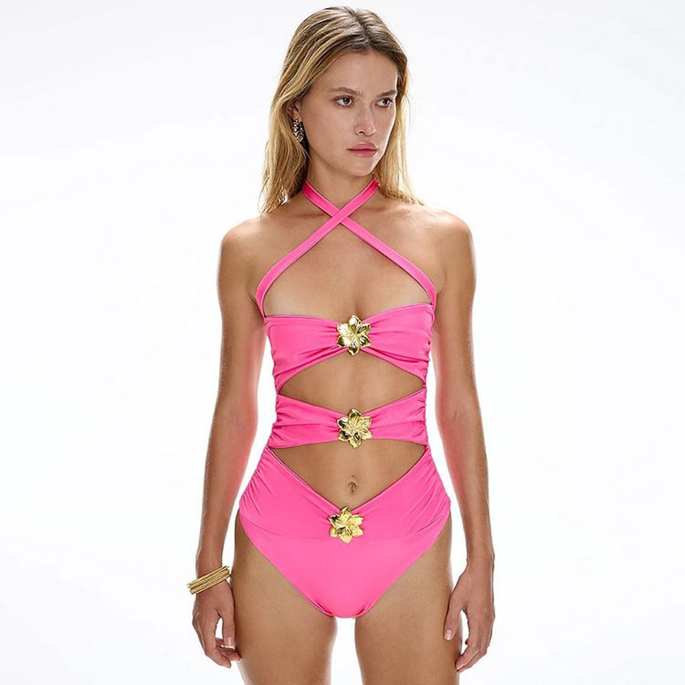 Ultimate Metallic Flower Wrap Halter One-Piece Swimsuit - Bold & Glamorous