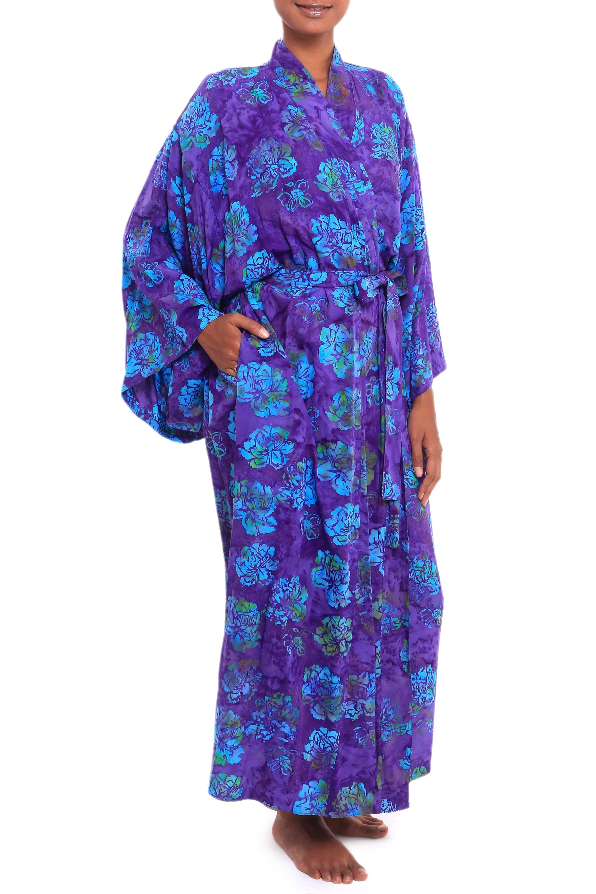 Premium Violet Batik Rayon Robe - Handcrafted Luxury with Matching Belt