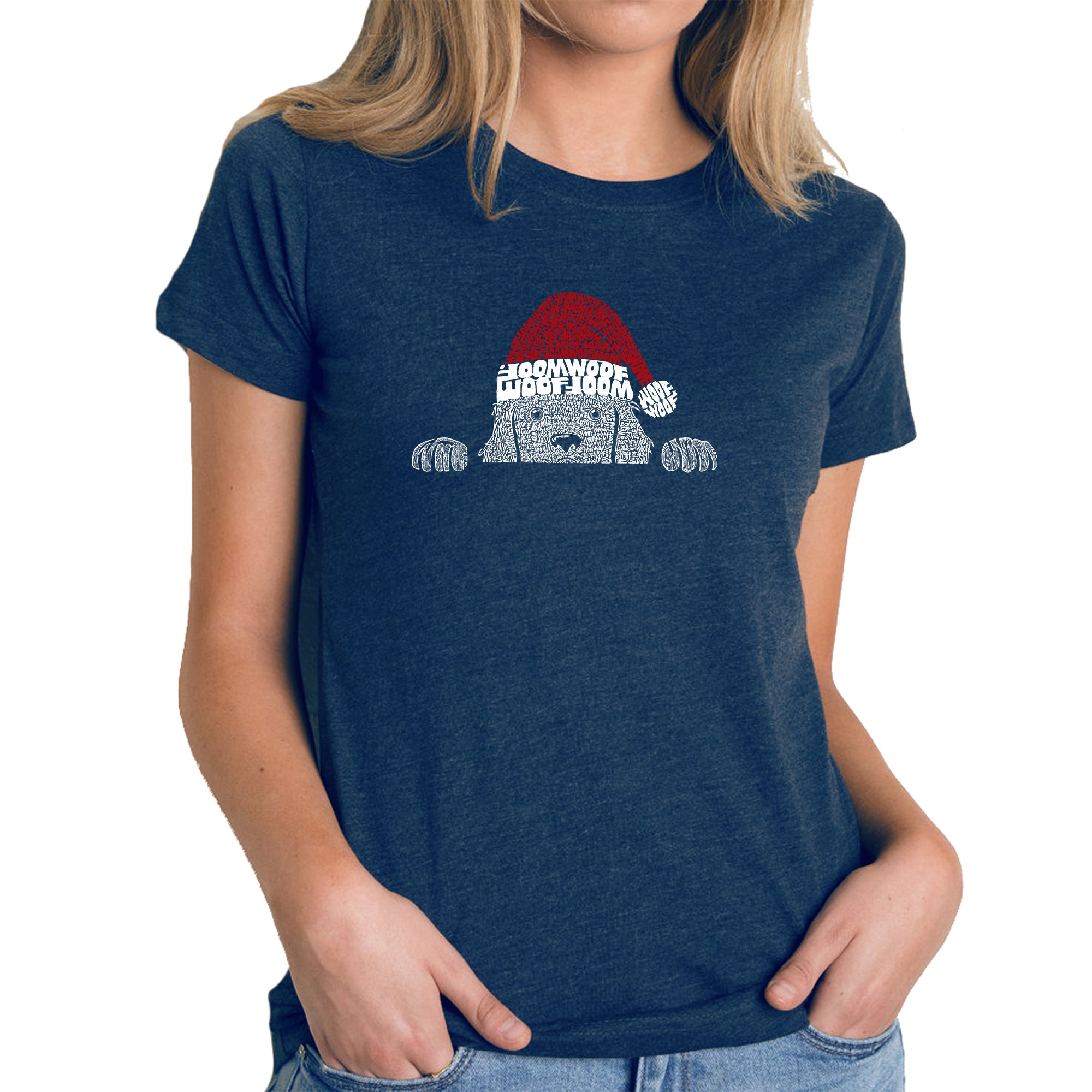 Premium Christmas Peeking Dog Women's T-Shirt - Festive Word Art Design