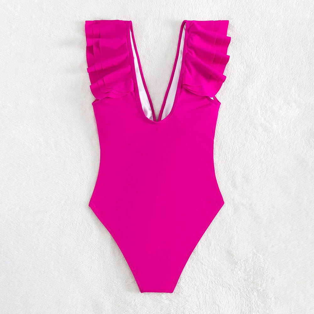 Ultimate Bright Pink Brazilian One-Piece Swimsuit with Ruffled V-Neck & Open Back