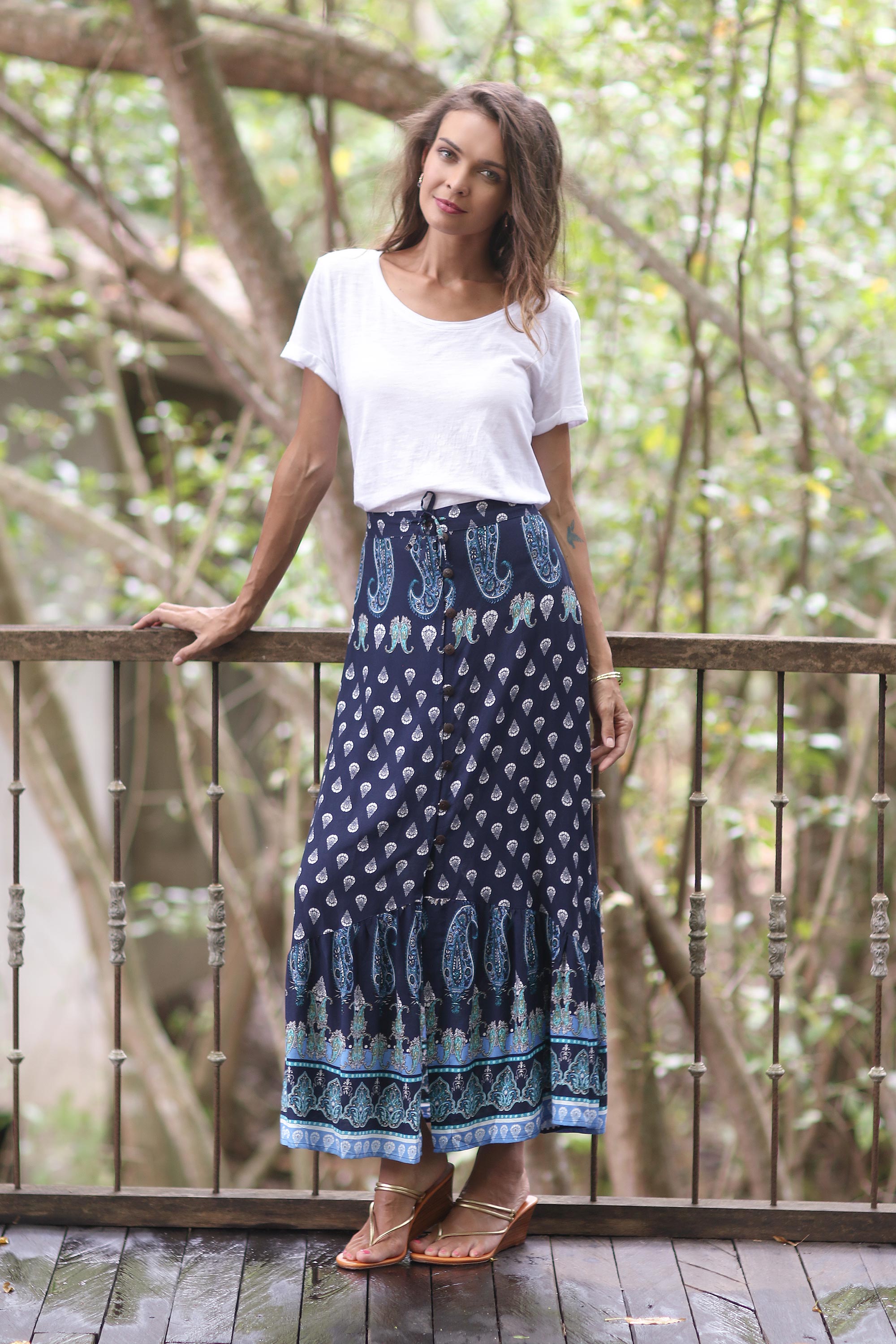 Premium Navy Paisley Rayon Maxi Skirt – Handcrafted in Thailand