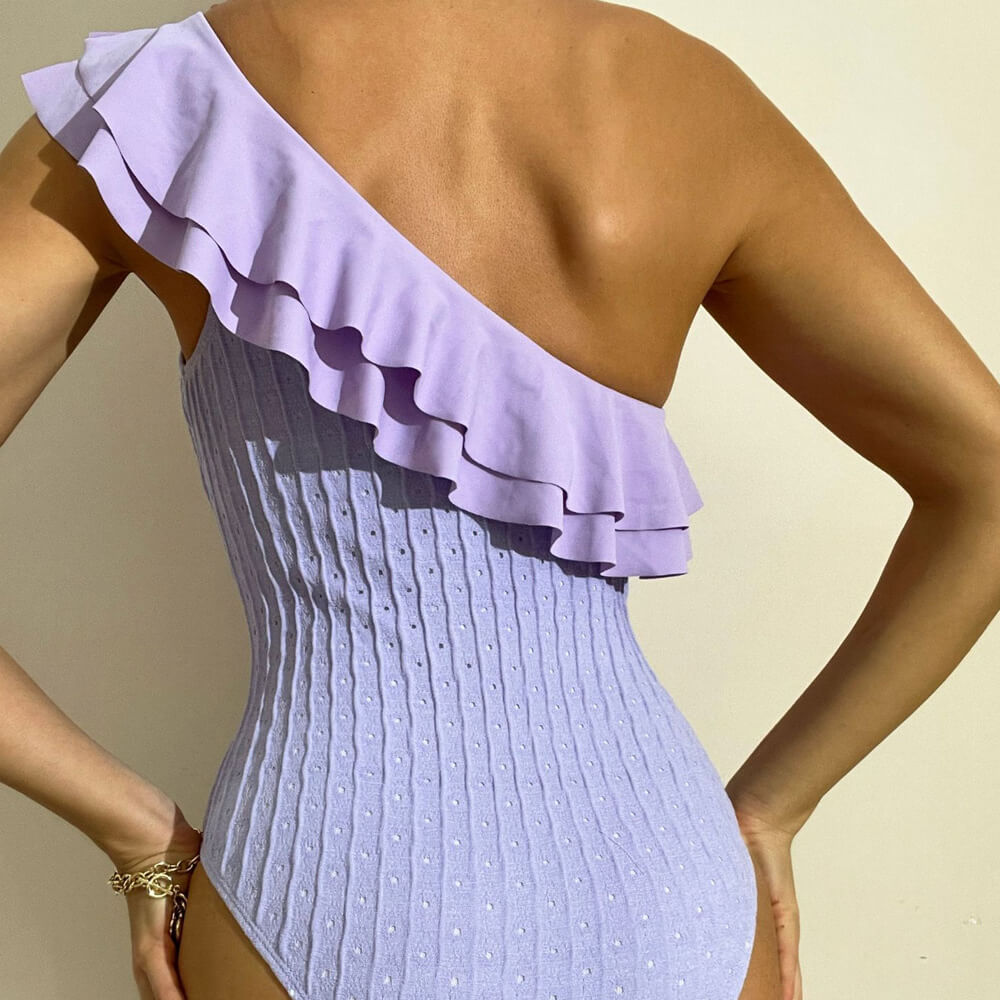 Premium One Shoulder Ruffle Wavy Stripe Brazilian Swimsuit