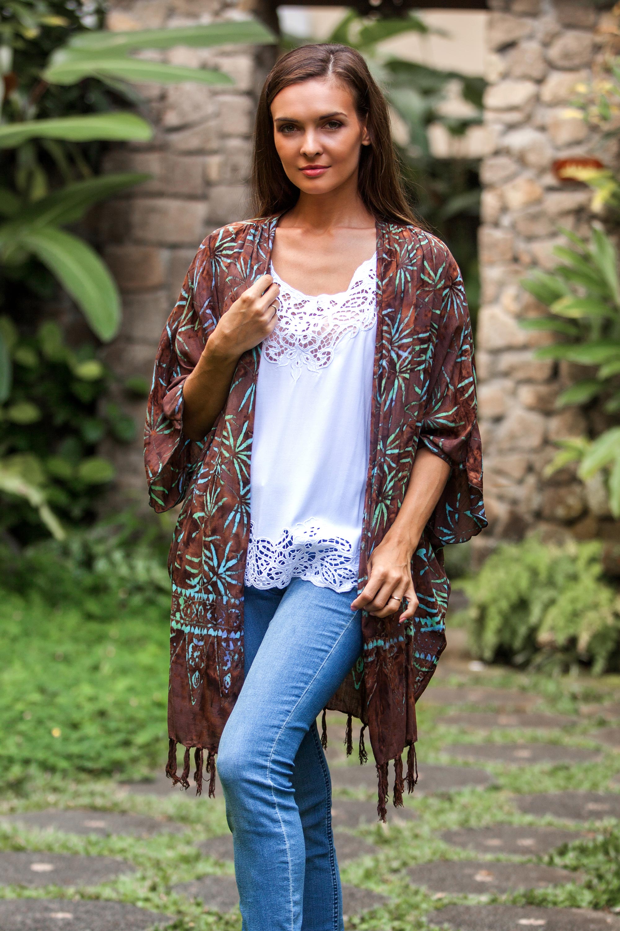 Premium Brown Leaf Batik Kimono Jacket - Handcrafted in Bali