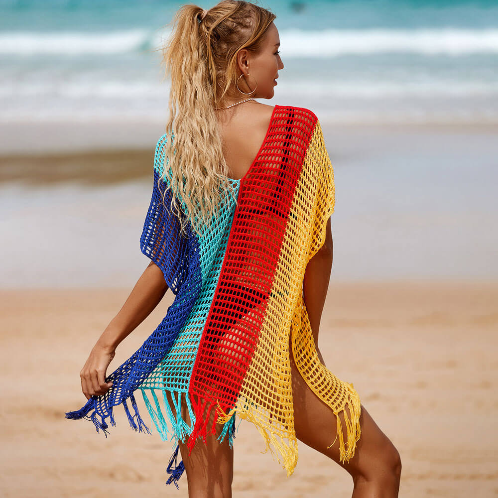 Premium Boho Rainbow Crochet Beach Cover-Up Dress