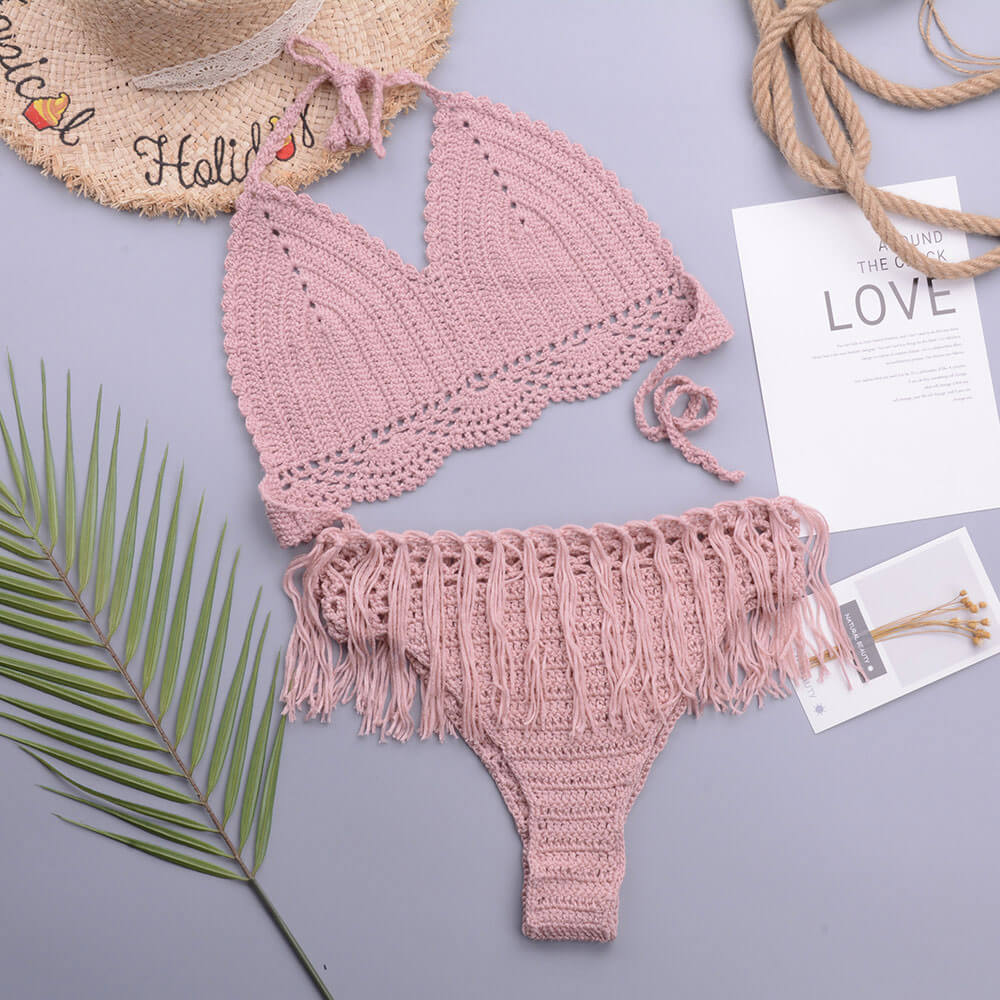 Premium Crochet Knit Bikini Set with Tassel Trim - Chic Halter Triangle Design