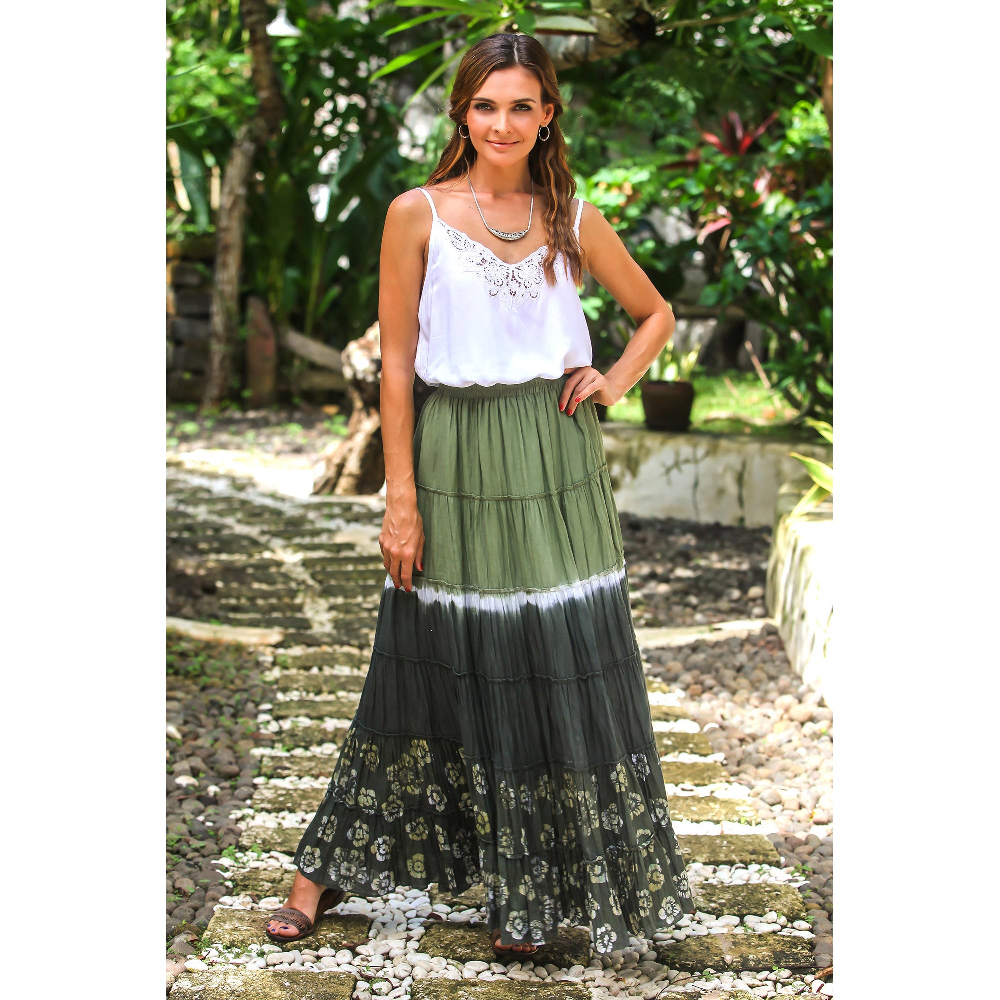 Premium Handmade Batik Cotton Skirt - Olive Black & Green