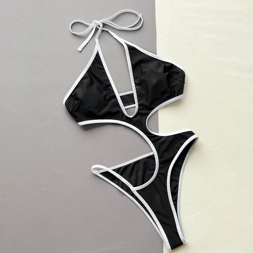 Premium Asymmetrical Monokini Swimsuit - '90s Inspired Black & White Wrap Halter