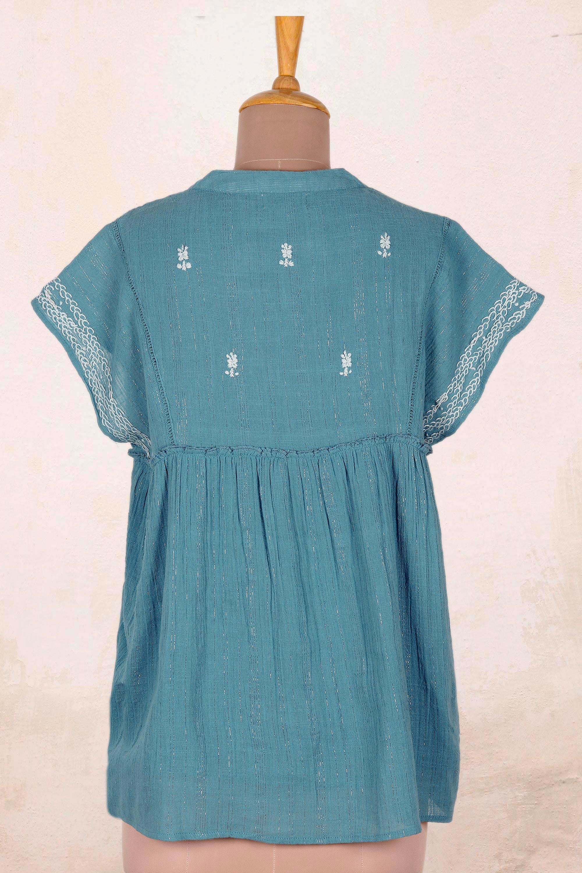 Premium Hand-Embroidered Teal Cotton Blouse | Casual Elegance