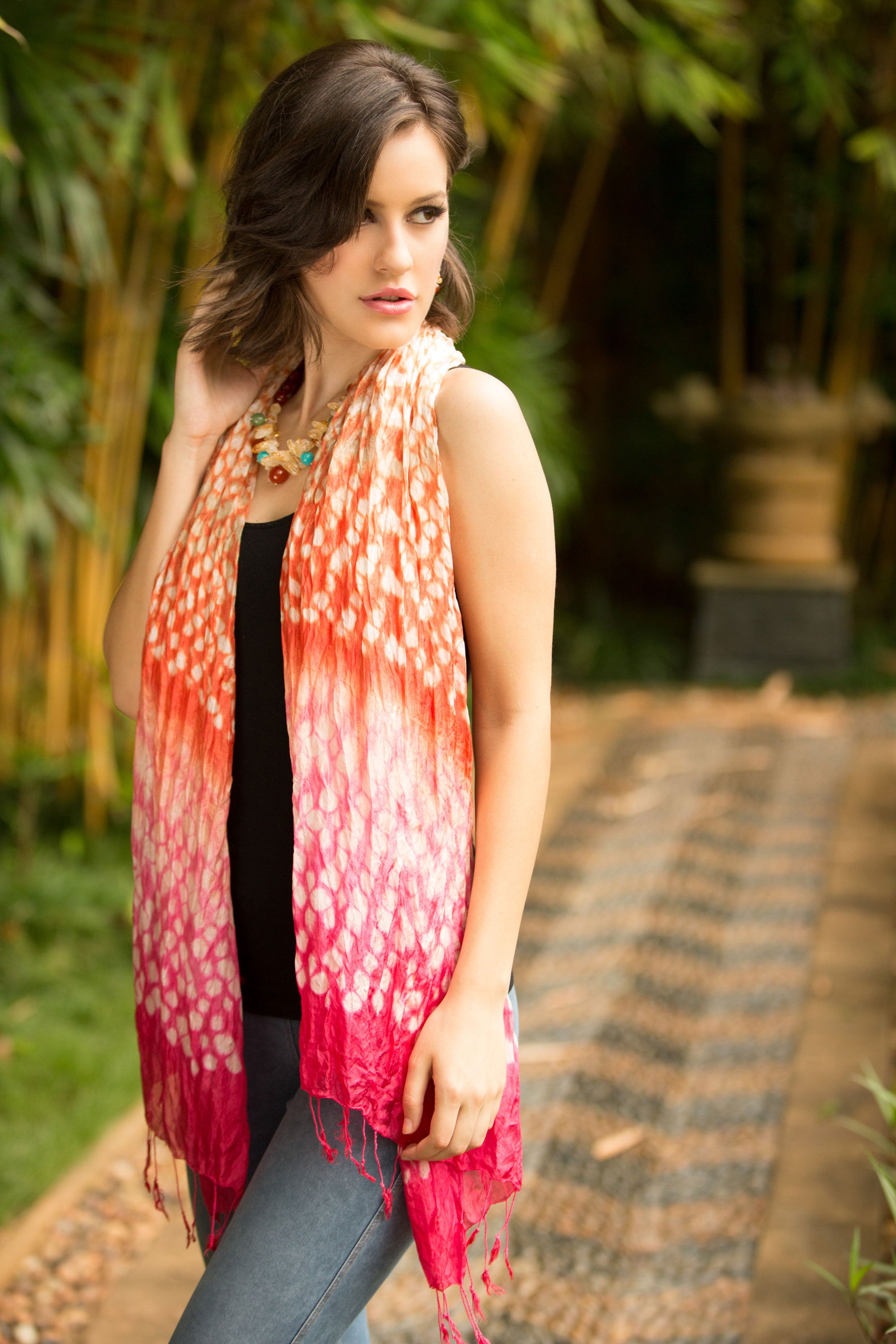 Premium Silk Blend Tie Dye Scarf in Peach, Orange & Pink