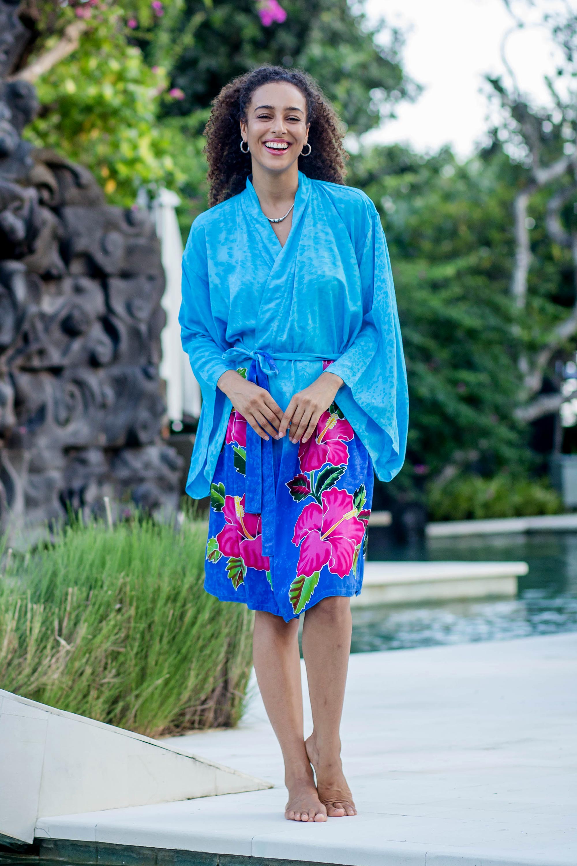 Premium Hand-Painted Blue Rayon Robe with Lotus Motif from Bali