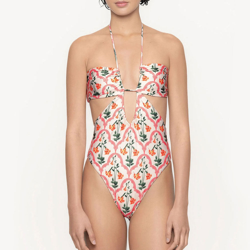 Premium Floral Print Cutout Halter Monokini - Ultimate Brazilian One-Piece Swimsuit