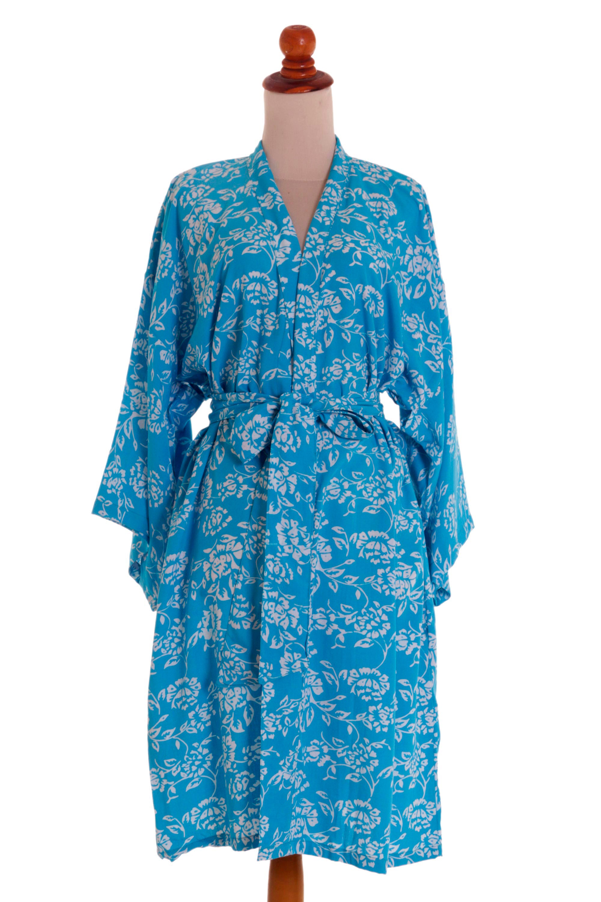 Premium Cerulean Blue Batik Rayon Kimono Robe - Tropical Elegance