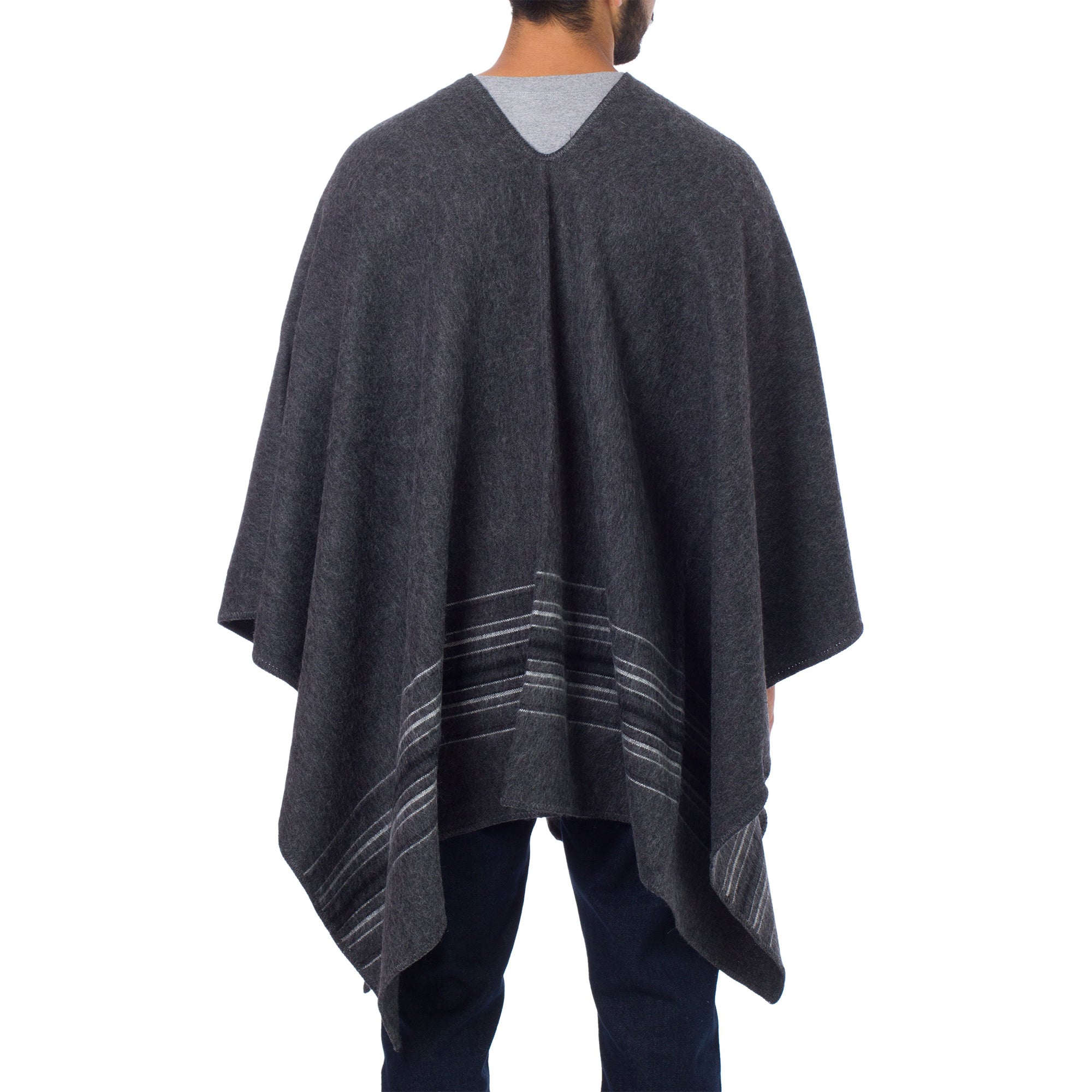 Premium Gray Nazca Striped Alpaca Poncho for Men - Ultimate Warmth & Style