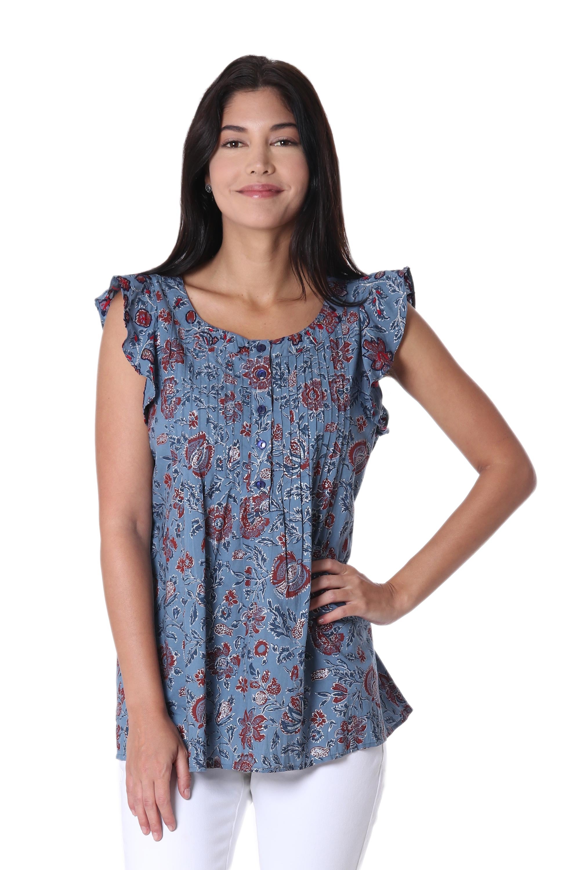 Premium Cerulean Floral Cotton Blouse by Shashi Sehagl