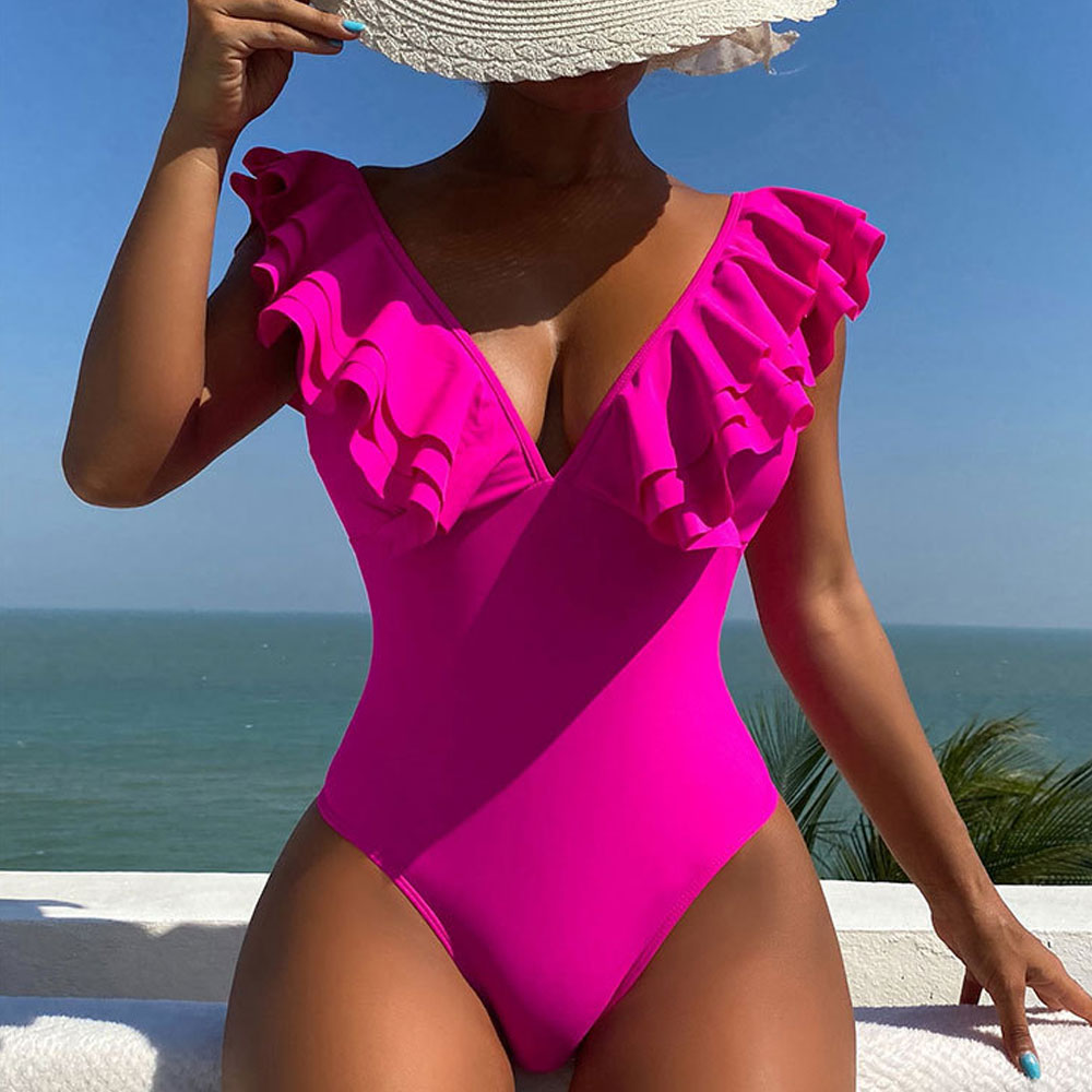 Ultimate Bright Pink Brazilian One-Piece Swimsuit with Ruffled V-Neck & Open Back