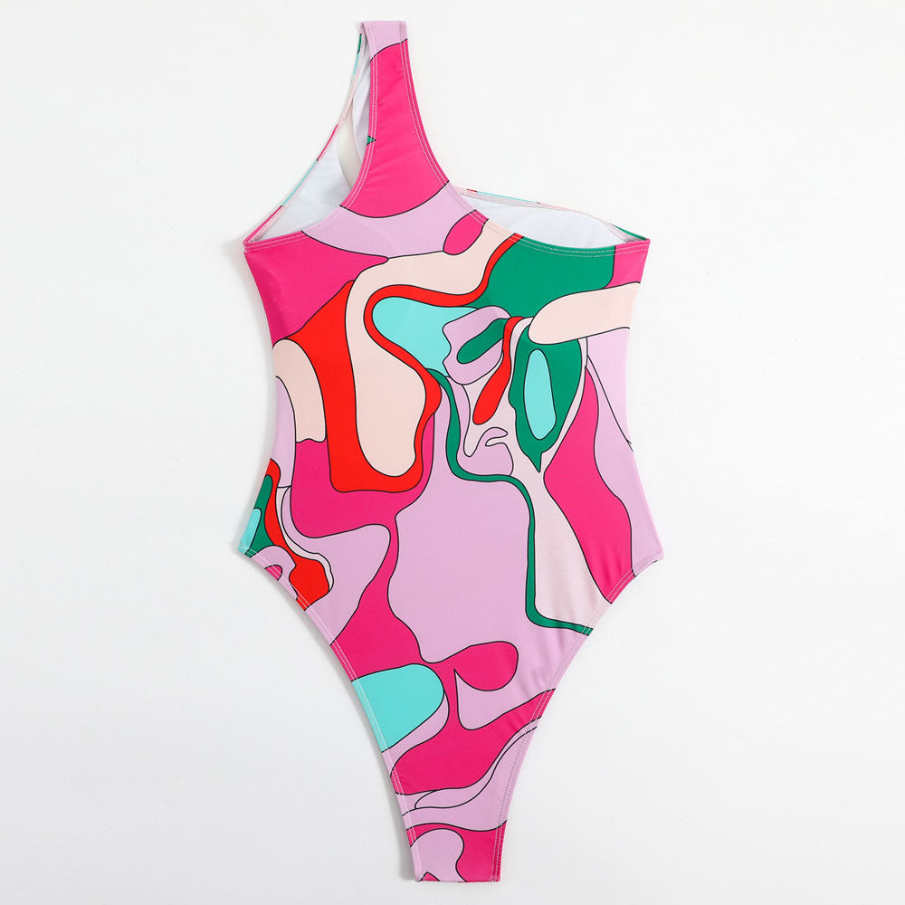 Premium Colorful Print Sheer Mesh One Shoulder Swimsuit