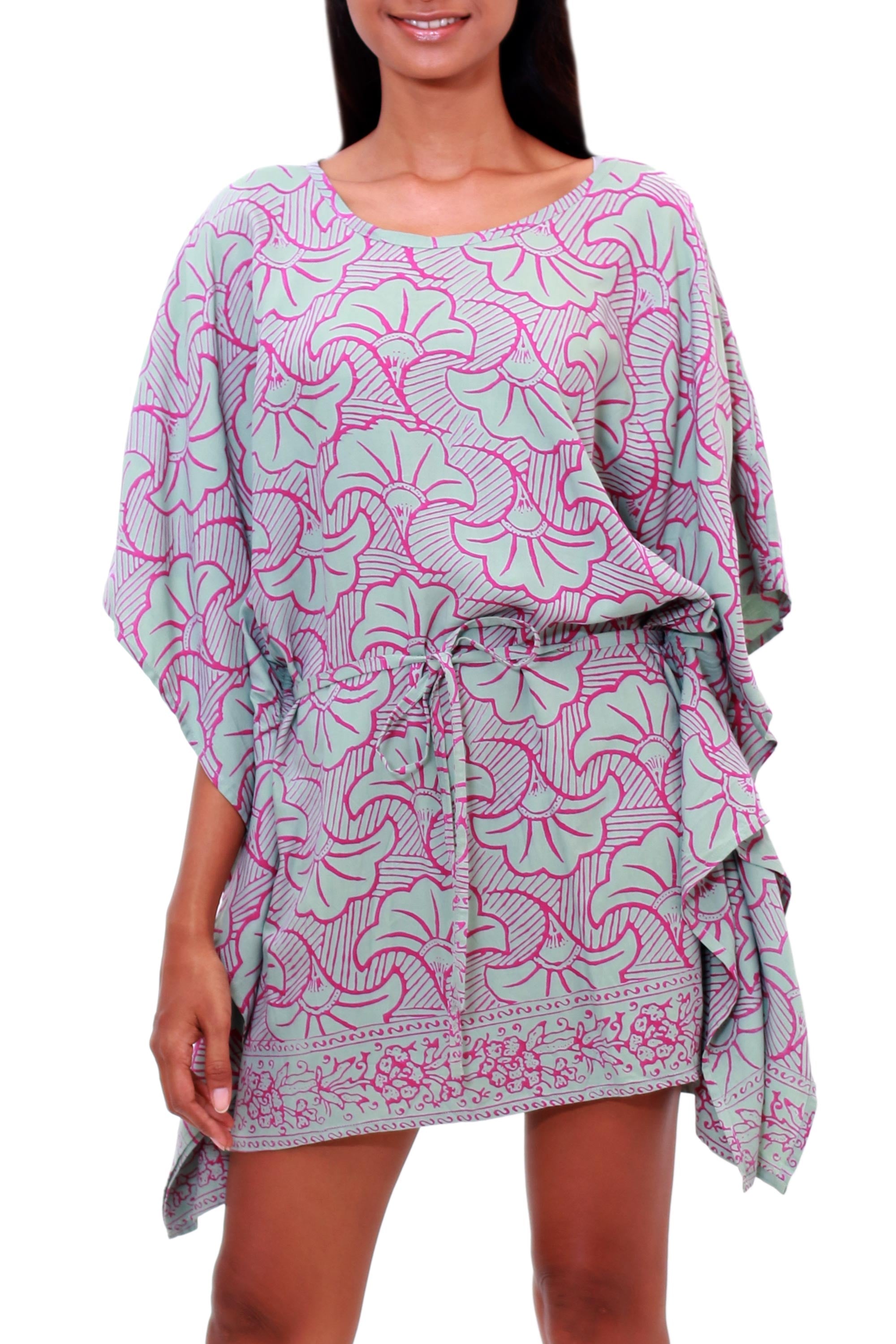 Premium Handcrafted Gingko Leaf Batik Rayon Caftan - Mint & Magenta | Bali Artisan Collection