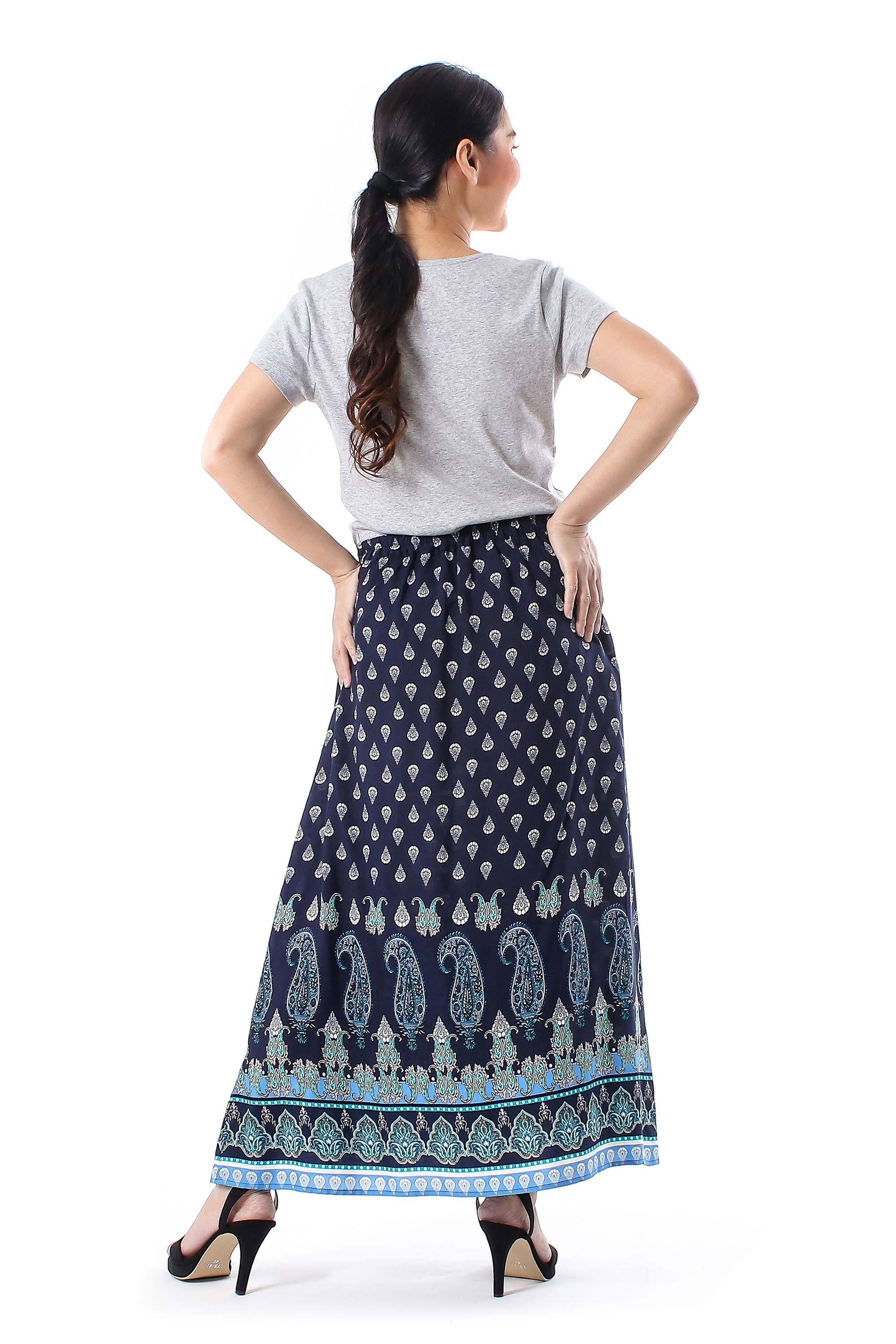 Premium Navy Paisley Rayon Maxi Skirt – Handcrafted in Thailand