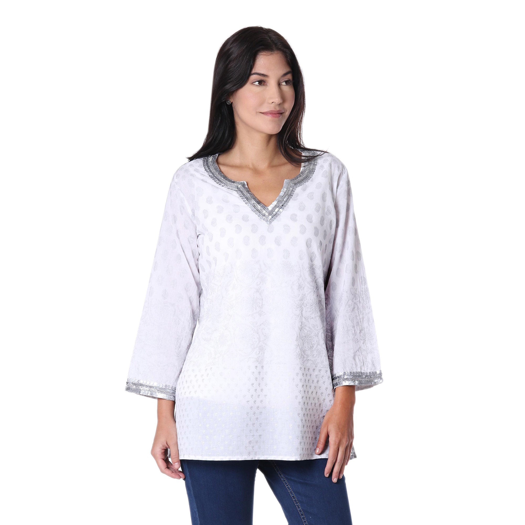 Premium Silver Diva Metallic & White Cotton Tunic - Handcrafted Elegance