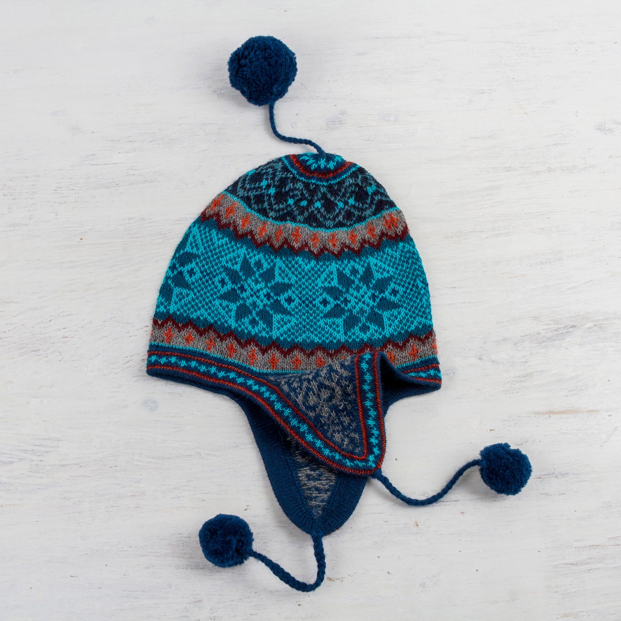 Premium Andean Alpaca Chullo Hat - Azure & Smoke Snowflake Design